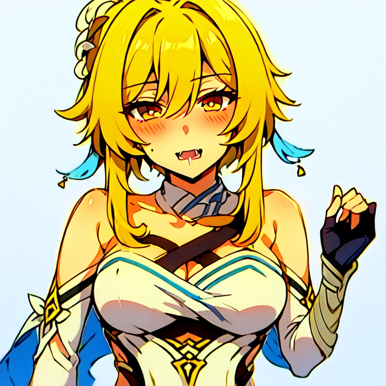 Meliodas in the female version with medium breasts wore a white coat with fur around the collar of the coat.