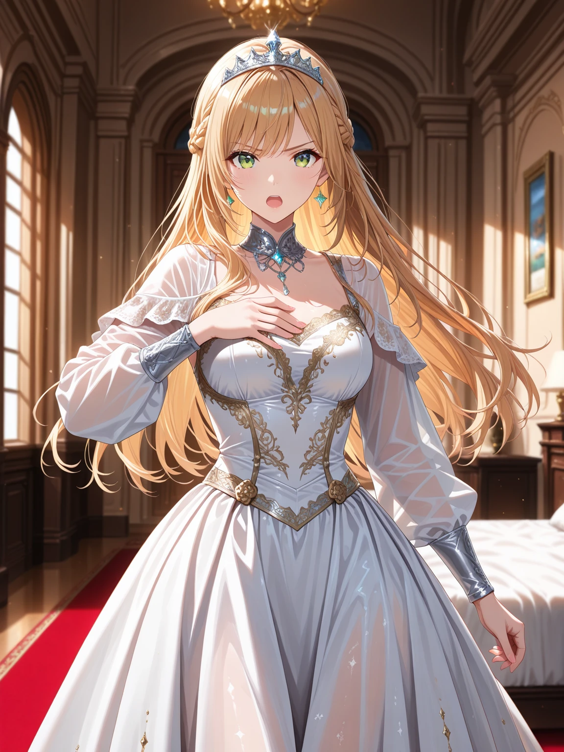 ((Highest quality)), ((masterpiece)), (detailed), (Perfect Face)、The woman is Yuuki Asuna, a Russian, elegant and beautiful Russian noblewoman with light brown, medium-long hair.、The woman is wearing a Russian national dress.、The woman is beautifully dressed in the luxurious and glittering Russian court dress of an ancient Russian empress and adorned with lavish accessories.