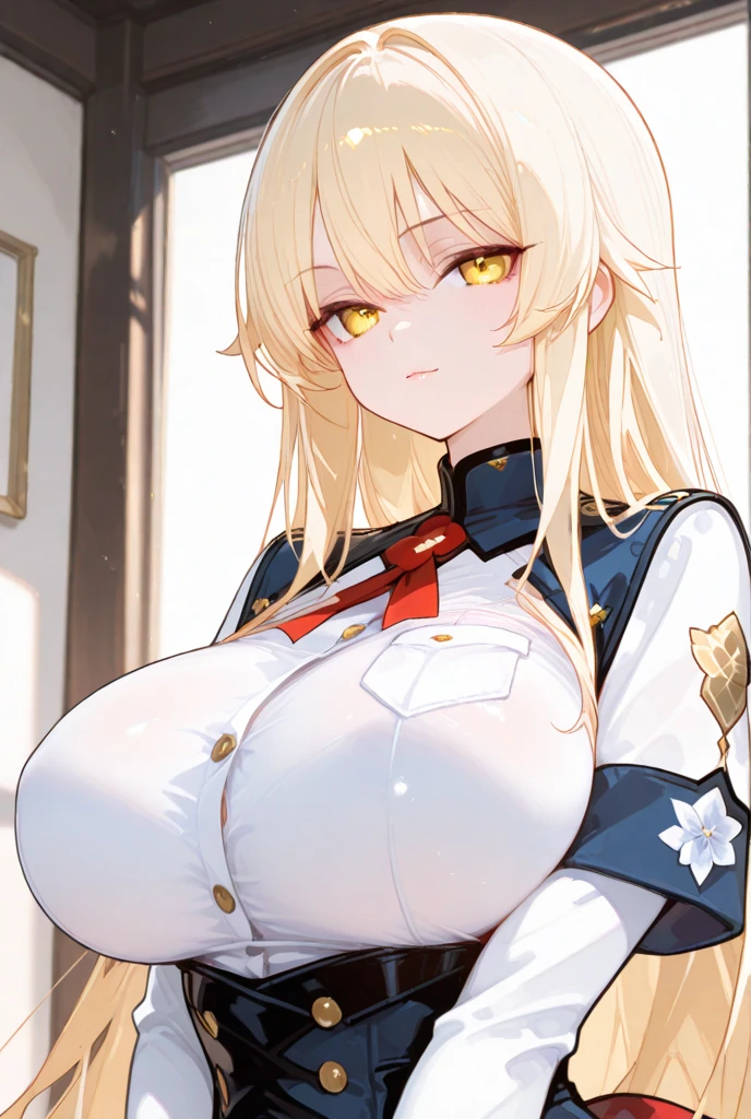 official art, no text, kanna \(blue_archive\), halo, long hair, animal ears, breasts, big breasts, white background, smile, upper body, bottom view, depth of field, masterpiece, best quality