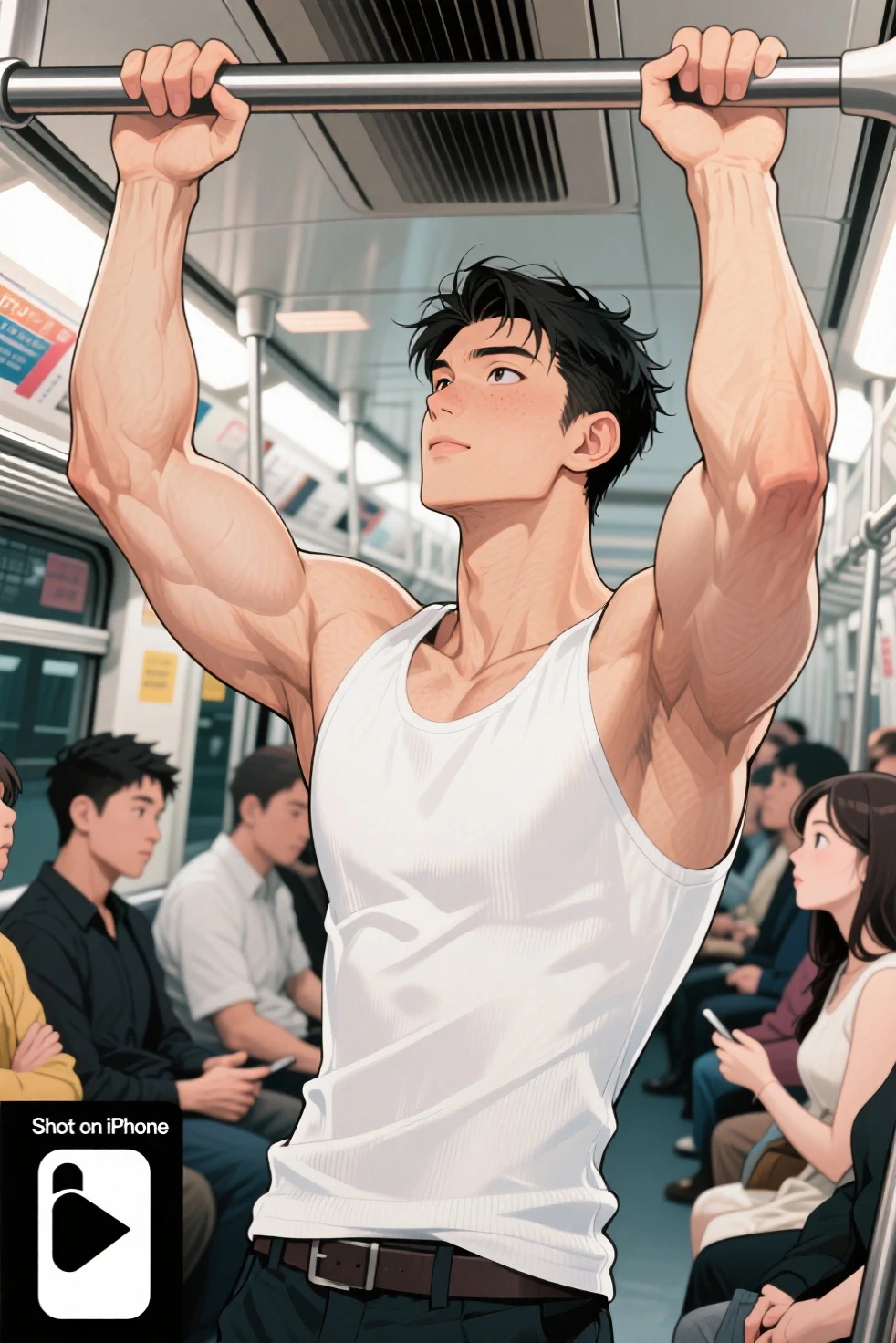 shirtless handsome manly short black hair caucasian male in tattered short jeans and sneakers, falling in line at the counter to get a bus ticket, shirtless, sweating profusely, drenched with sweat, exhausted, panting, inside the bus station, inside the bus station is crowded with people