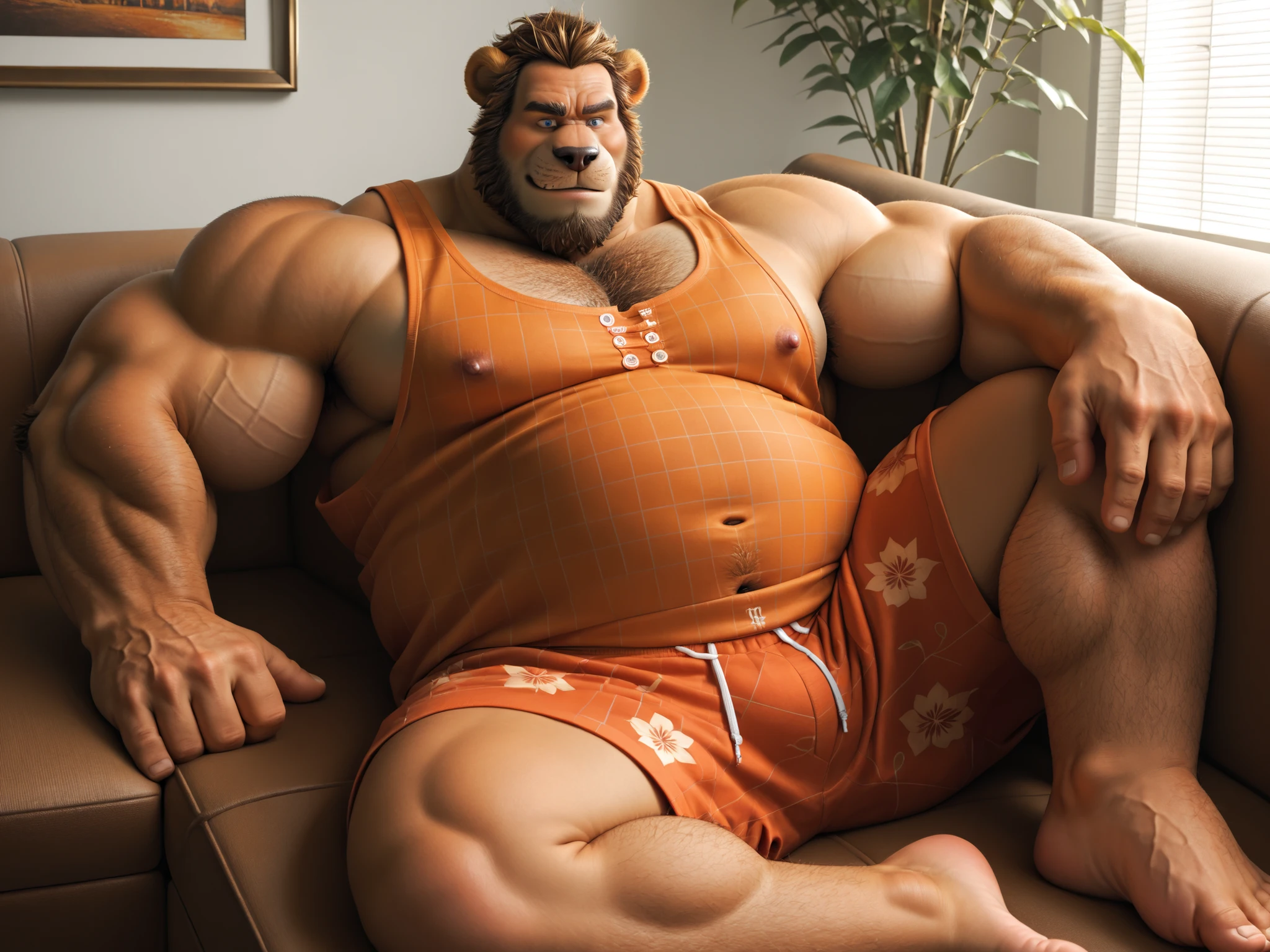 a very obese male lion with a blond mane, extremely detailed eyes, long fur, extremely big and fat belly, very very big belly, in jockstrap, extremely detailed, photorealistic, 4k, high quality, fine art portrait, dramatic lighting, vivid colors, correct eyes, and anatomy, wood montaine, in a lake, flexing the arms, bust portrait