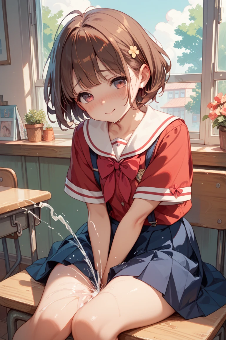 (masterpiece:1.2, top-quality), (realistic, photorealistic:1.4), beautiful illustration, (natural side lighting, movie lighting), nsfw, looking at viewer, no panty shot:2, front view:1.6, 1 girl, japanese, high school girl, perfect face, cute and symmetrical face, shiny skin, (short hair:1.1, messy hair:1.2, orange hair), big eyes, gold eyes, long eye lasher, (large breasts:0.6), beautiful hair, beautiful face, beautiful detailed eyes, beautiful clavicle, beautiful body, beautiful chest, beautiful thighs, beautiful legs, ((symmetrical clothing, detailed cloth texture, short sleeves cute sailor suit, pleated skirt, red bow tie)), black socks, hair tie, (beautiful scenery), morning, crassroom, blackboard, desk chair sitting chair, pointing finger, (frown, open mouth), (fingering herself in the classroom when she thinks no on is looking:2), (detailed upskirt shot of her tickling her vagina):2, (small amount of pubic hair):1.3, (no panties):2, (legs are shoulder width apart):1.4, (low angle), (perfect tight vagina):2, (textured sniny, sweaty skin):1.4