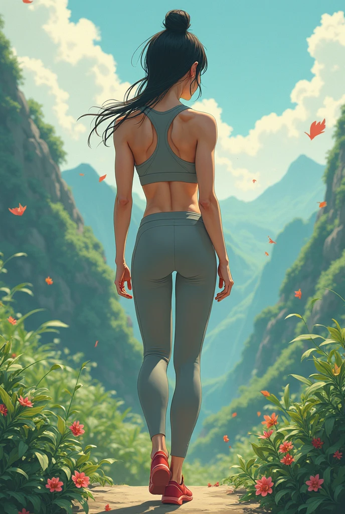 A woman wearing a bikini top and black pants stands on a rock, Artwork in the style of Guweiz, Wop Rostus, Fluid Digital Concept Art, Character in a natural pose, The art of wlop, Inspired by WLOP, Giantess Art, lois van ross works, deviantart artstation cgscosiety, Beautiful anime girl squatting