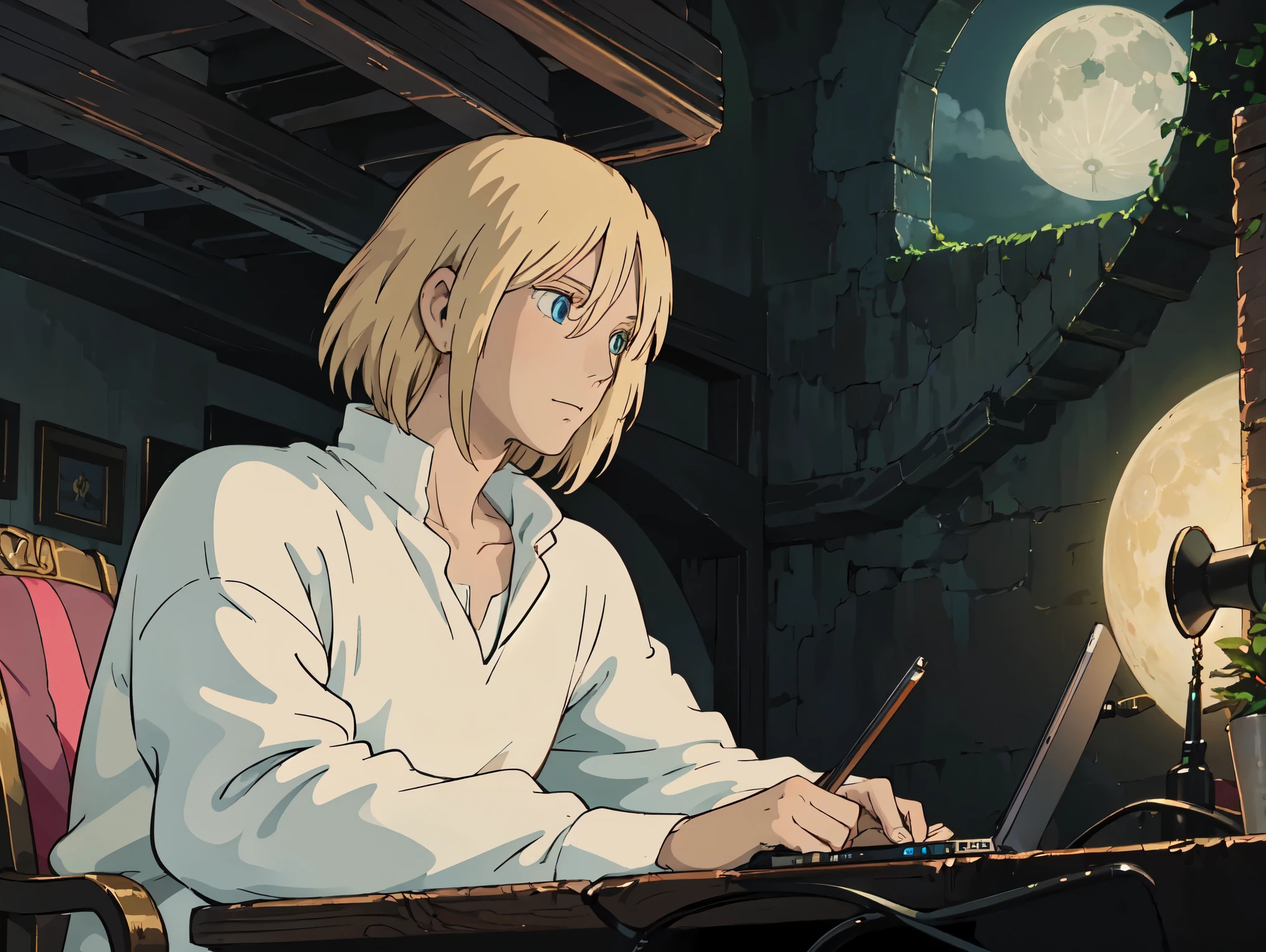 masterpiece, 1 boy, solo, Howl's_Jenkins , blue eyes, detailed eyes, My hair is , white shirt, , and sits next to my computer, forest, At night, star, moon,