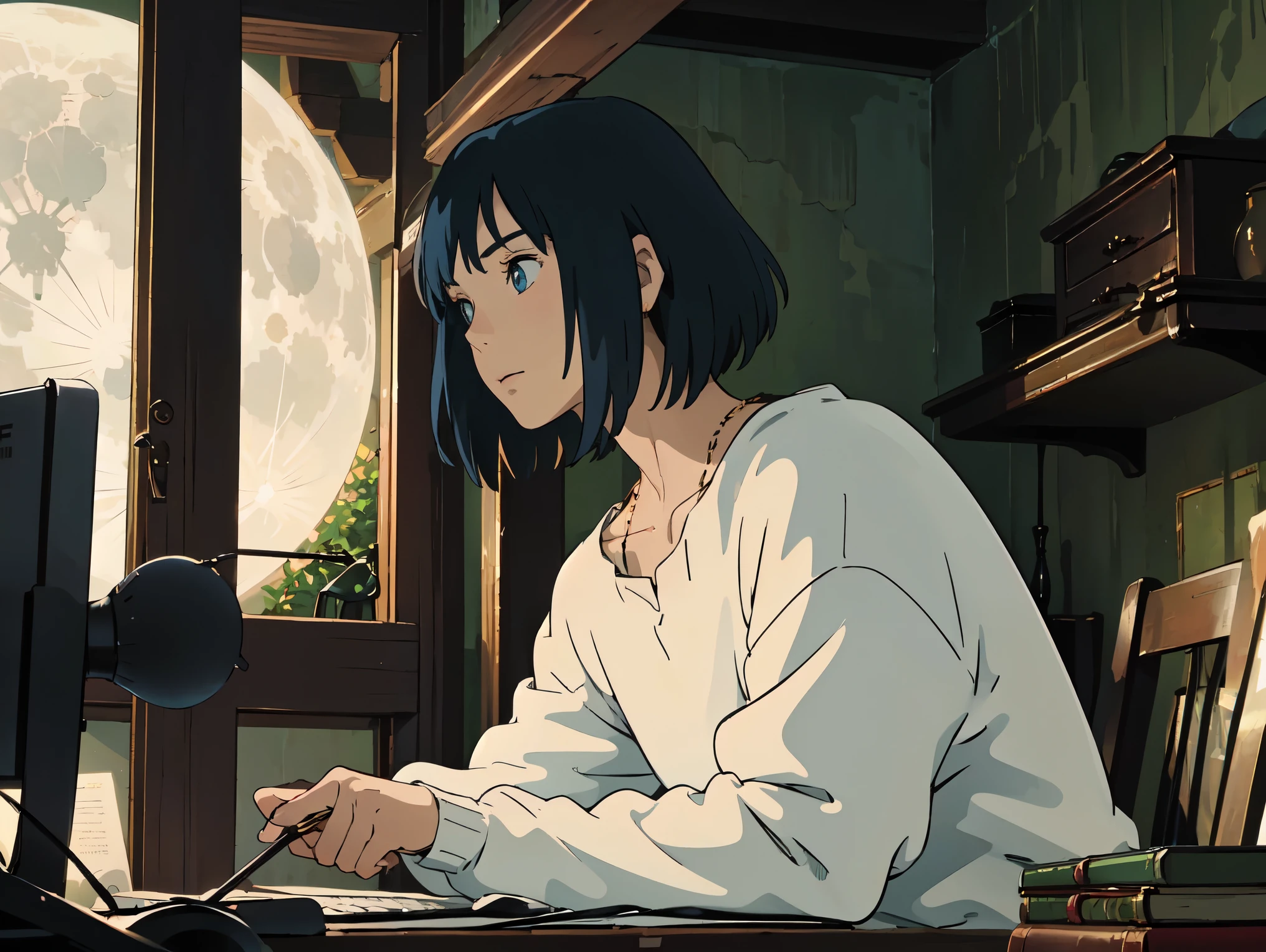 masterpiece, 1 boy, solo, Howl's_Jenkins , blue eyes, detailed eyes, My hair is , white shirt, , and sits next to my computer, forest, At night, star, moon,