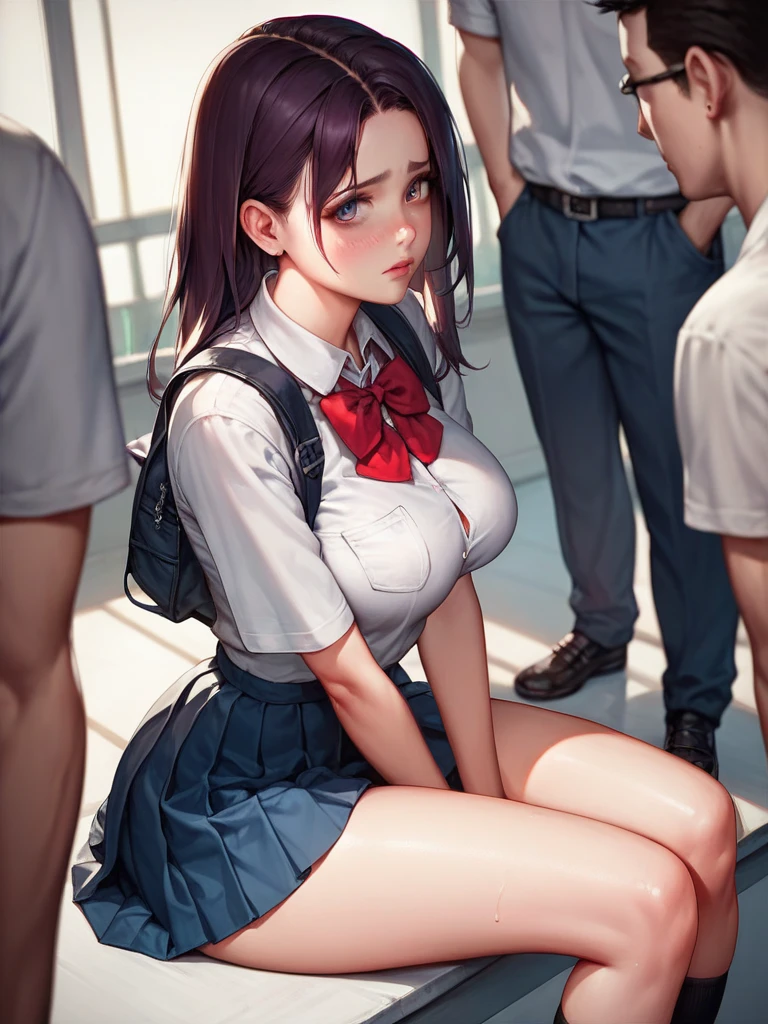 One , Shyly smiling, (Highly detailed eyes, Highly detailed hair, Highly detailed face), Highly detailed CG uniform 8k wallpaper, Extremely detailed, High definition raw color photos, Professional photography, Realistic portrait, Cinematic Light, Bangs, (Beautiful big breasts:1.7), Lift your shirt to expose your breasts(Expose the breast:1.8)、(High School Uniform), (Pleated mini skirt:1.2), Hair blowing in the wind, (The crack between her legs is completely visible:1.5), Wariza sitting, Spread your legs wide, Outdoors, Beach, (Beautiful sunset:1.2), (((Senile))), Depth of written boundary,Skirt flipped up (Photo from below),Heavy breathing、sexual expression、Open your mouth、Crowd of boys、 (Raped by multiple men:1.3), (Inserted crotch:1.2) 、Cum on face, Creampie、Sex