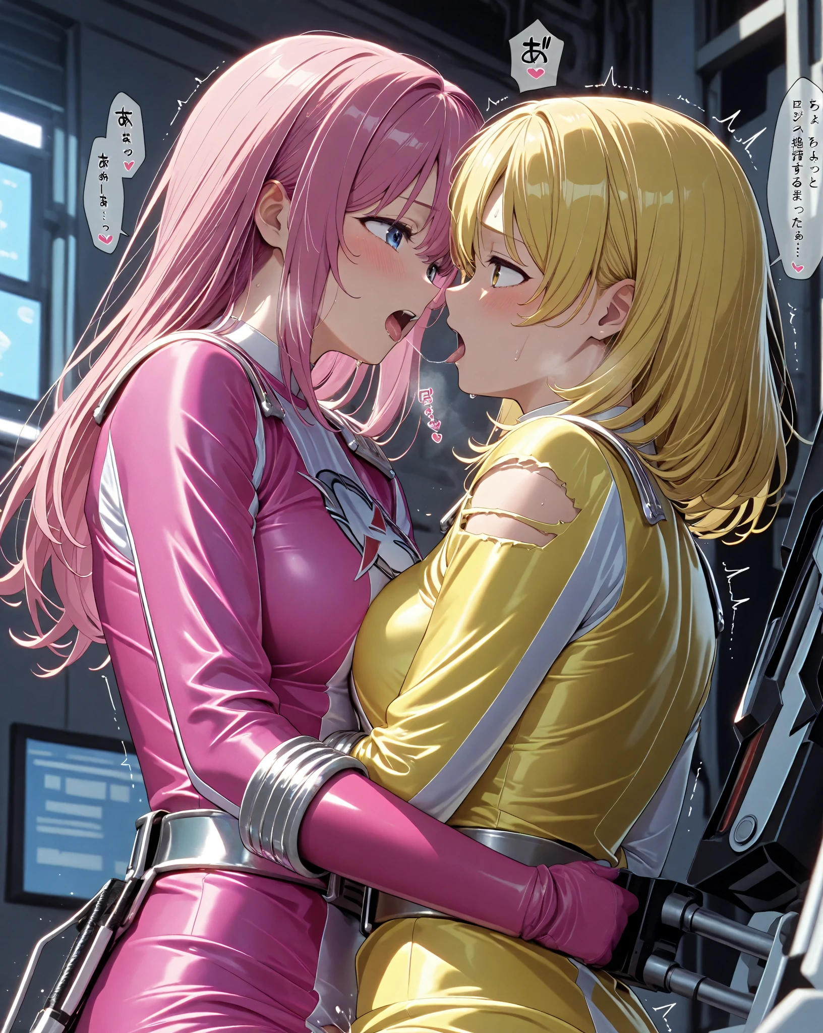 2 girl,Samus aran,solo,green eyes, pink hair, forehead hair, white zero suit,white body suit,purple stripes,cowboy shot,blush,,Science fiction,ultra-detailed,sharp focus,aesthetic,(best quality), white background, (Licking each other's ears:1.2)