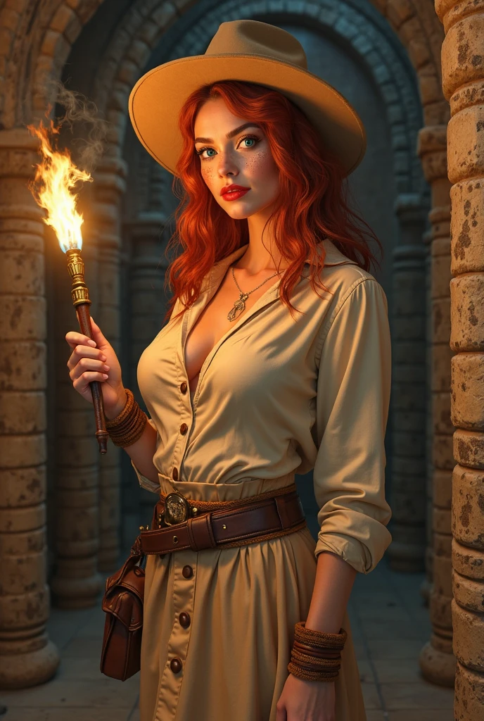 ElchiruH0000, smug, (sagging chest: 1), perfect body proportions, (facial wrinkles: 1,2), (pale skin: 0,5), black magician's hat, tunic with a deep slit, holding a fireball, walking, in a cave, detailed face, waist shot, masterpiece, best quality, absurd, high resolution, (1woman), solo woman, highly detailed, detailed face, windswept, dramatic lighting, perfect eyes, sunlight, directional lighting, Kodachrome film used for photography, analog photography, high quality textures, The perspective is from below, emphasizing the sheer majesty and power of woman. Sensual and alluring posture. Clear blue cloudy sky. photorealistic shoot. The character is surrounded by mist, evoking a mysterious and eerie atmosphere. The lighting is dark and atmospheric, with a red smoke adding a touch of sinister ambiance. The image is of the best quality, with a resolution of 4k and HDR enhancement, showcasing the utmost level of detail and realism, ((full body shot)). [realistic hands]