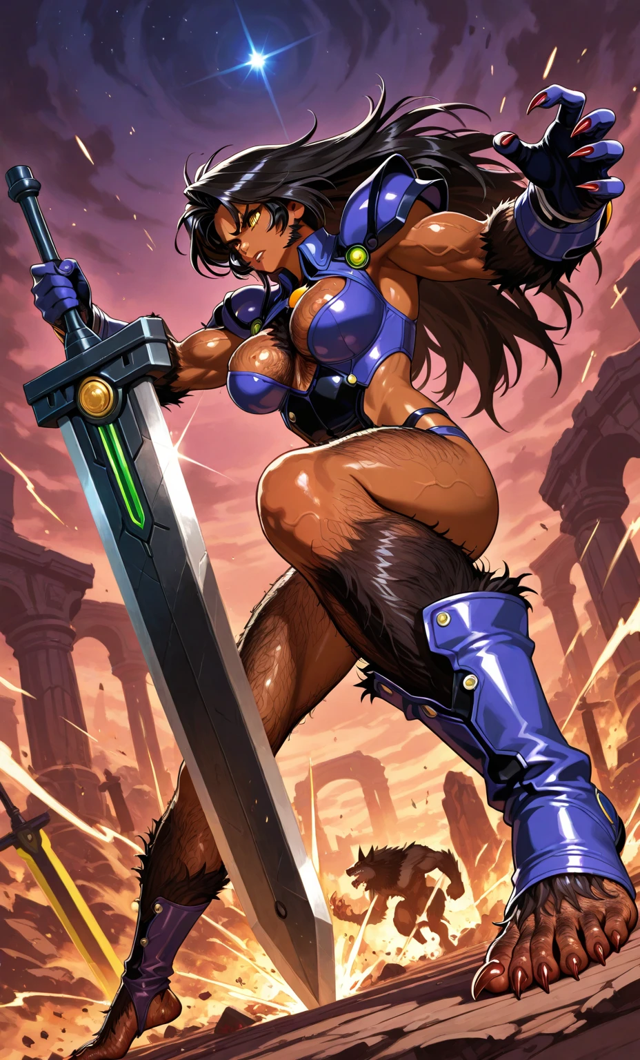 Witchblade Style, 1girl, solo, long hair, large breasts, brown hair, white background, cleavage, very long hair, yellow eyes, boots, signature, armor, squatting, shoulder armor, clenched hand, colored sclera, pauldrons, black sclera, bikini armor <lora:WitchbladeSD15:0.8>