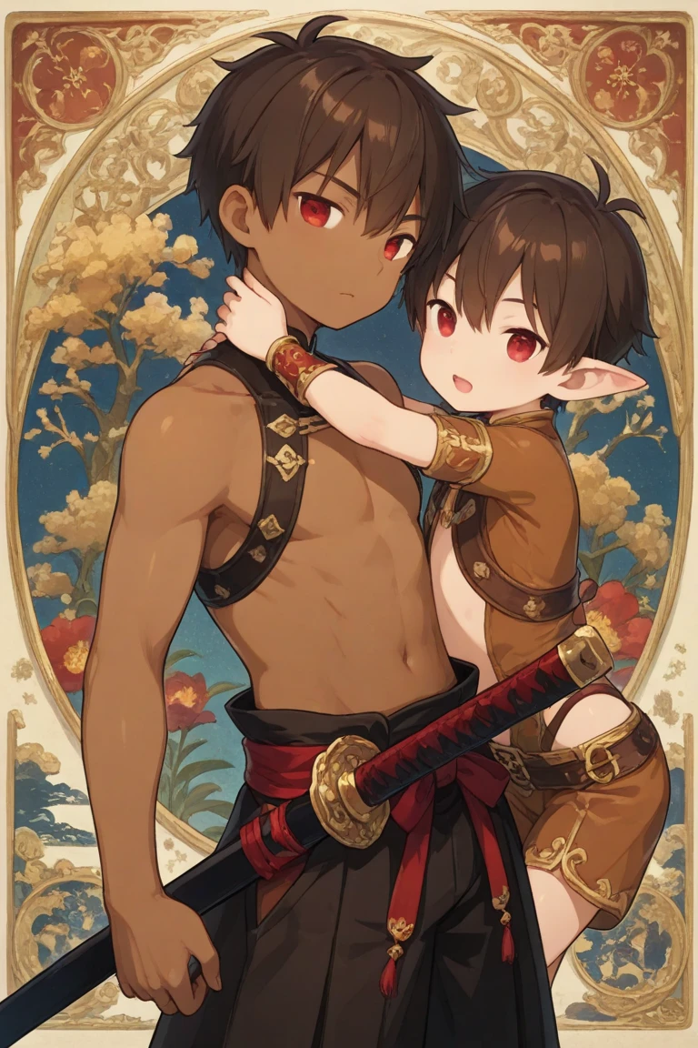 Chibi girl,antique, naked swordsman