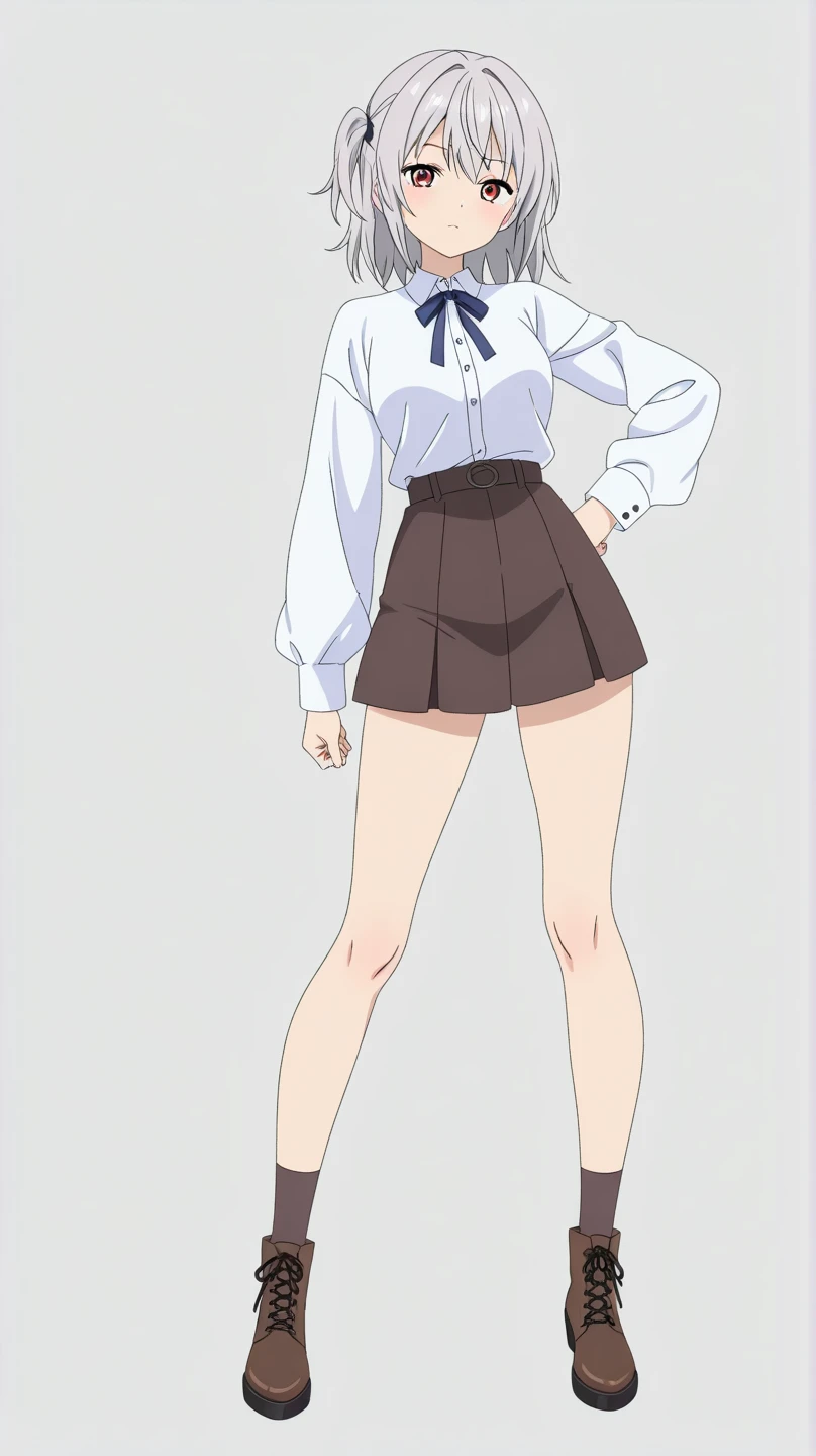 (white background:1.0), (best quality:1.0), (masterpiece:1.0), (super fine illustration:1.0), (beautiful artwork:1.0), (anime screencap:1.0), (official art:1.0), (lift up one's skirt:1.0), (detailed cotton panties:1.0), (solo:1.0), (a 18yo cute girl:1.0), (long skirt:1.0), (gray skirt:1.0), (pleated skirt:1.0), (khaki knit vest:1.0), (white long sleeve collared shirt:1.0), (dark blue necktie:1.0), (loafers:1.0), (black socks:1.0), (ideal ratio body proportions:1.0), (lanky:1.0), (tall:1.0), (slender:1.0), (small breasts:1.0), (smaller face:1.0), (freckles:1.0), (cheerful:1.0), (detailed beautiful eyes:1.0), (detailed beautiful face:1.0), (glowing black eyes:1.0), (very short hair:1.0), (swept bangs:1.0), (black hair:1.0), (standing:1.0), (looking at viewer:1.0)