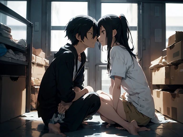 Best Quality, 1girl, 1guy, the girl has, Red Eyes, Black Hair, Long Hair, Blush, is under a desk at scool doring class, Open Mouth, Large breasts, large but, and the guy has, skinnee body, Red Eyes, Black Hair, pants and underwer is down, the girl is under the guy desk, the guy big dick is in the girl mouth￼