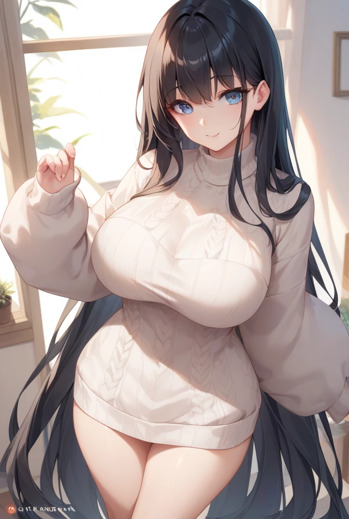 (Highest quality、Masterpiece、Very detailed、8K)、One Woman、Big Breasts、18-year-old、Long sweater、Thighs、stand、((Angle from below))、(((Ultra-thin Thong)))