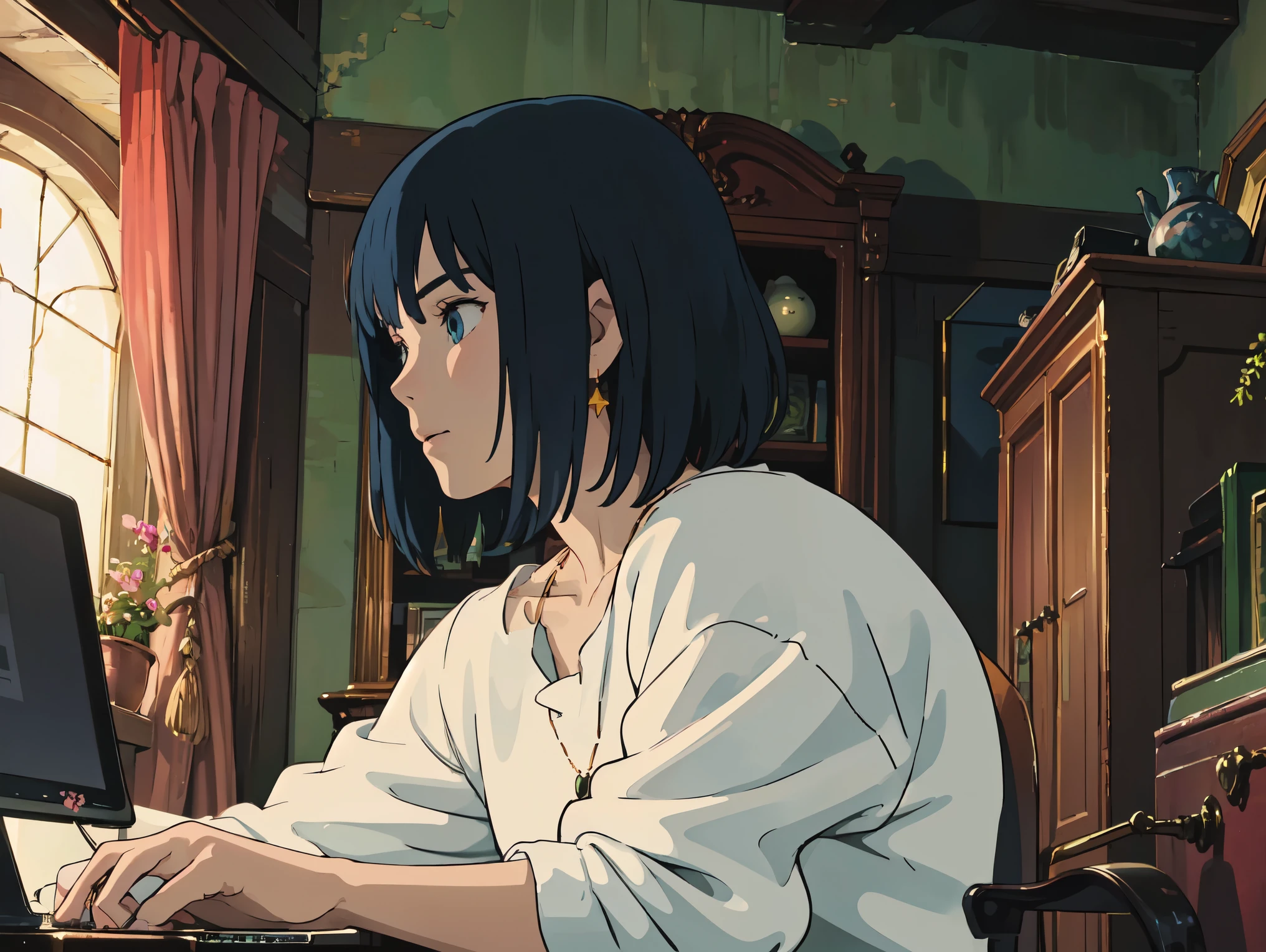 masterpiece, 1 boy, solo, Howl's_Jenkins , blue eyes, detailed eyes, My hair is , white shirt, and sits next to my computer, forest, At night, star, Month High Quality,4K real,Super Fine,Masterpiece,photographer style,portrait,fantasy,Traditional painting,nature,detail,High-end,Physically-Based Rendering,Strong Focus,Vivid Colors,Bokeh