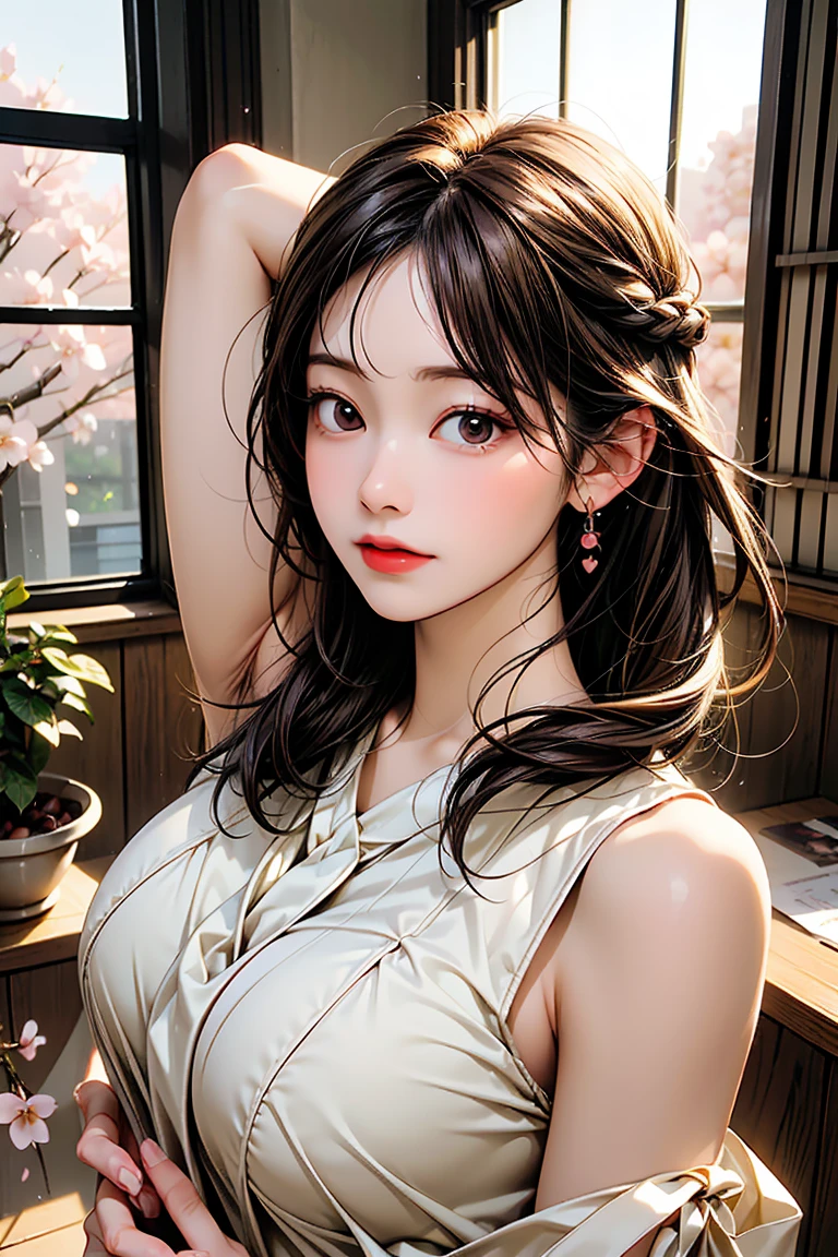 (masterpiece, Highest quality:1.2), One girl, alone,bony body、15 years old、ponytail、Earrings