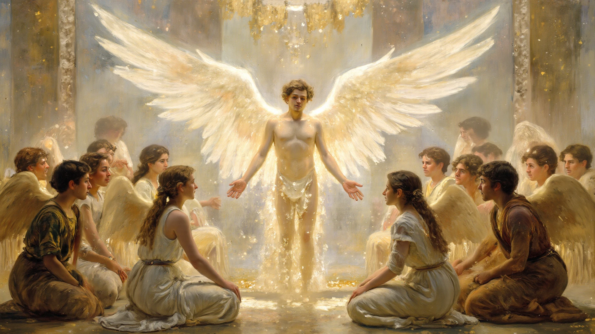 A wallpaper of angels,paintings,Renaissance people,iphone,4k,cherub,multiple eyes,terrifying,selestial,nude,sex