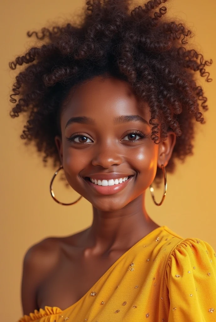 wavy hair, 1girl, 21 years old, latina, curly hair, solo, smile, brown hair, brown eyes, long hair, dark-skinned female, freckles, dark skin, teeth, looking at viewer, yellow shirt, grin, tank top, very dark skin, yellow top, collarbone, sleeveless, shoulders, upper body