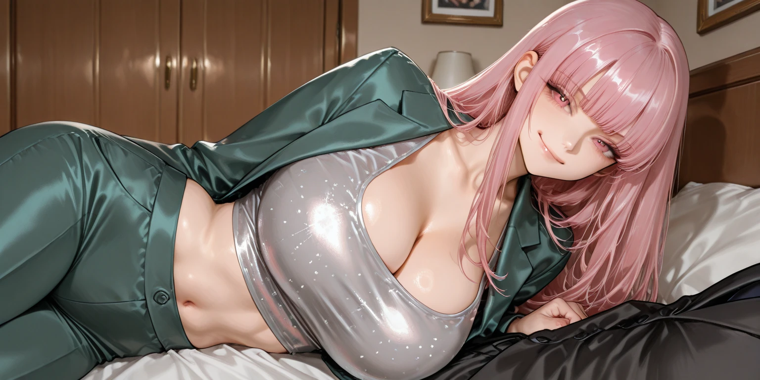 Sleeping girl, 22 years old, realistic, she is wearing pink pajamas, pink hair, nsfw, exposed bra, buttons undone