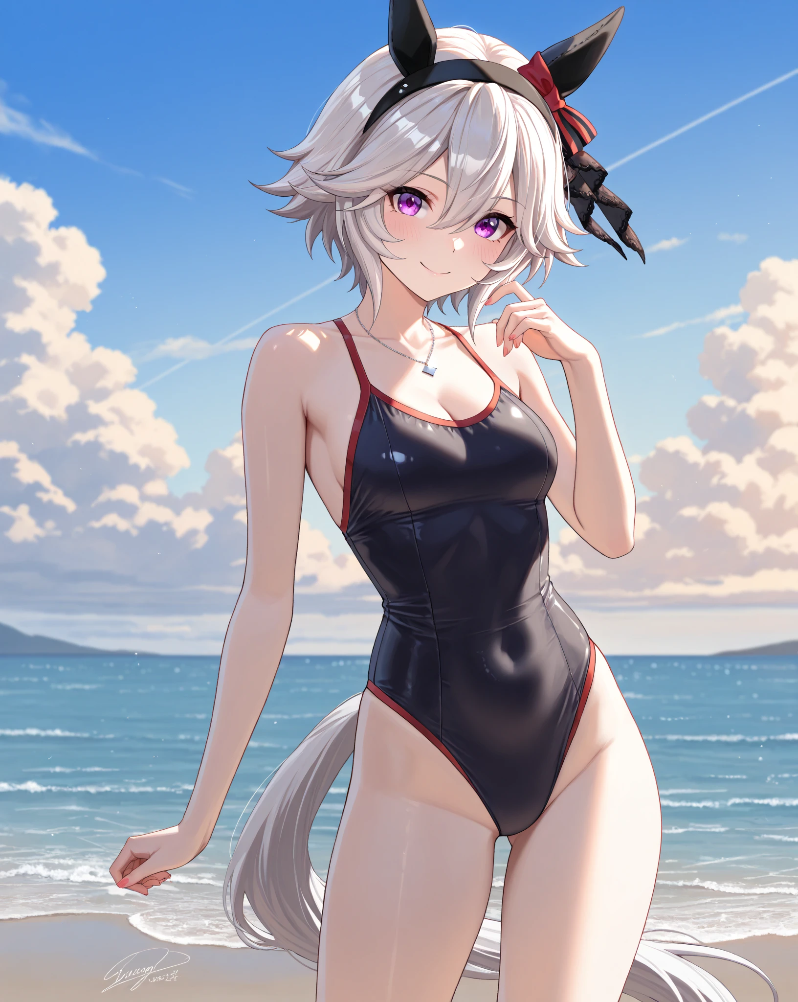 illyasviel von einzbern, 1girl, solo, long hair, breasts, looking at viewer, blush, bangs, red eyes, navel, animal ears, hair between eyes, bare shoulders, closed mouth, collarbone, swimsuit, white hair, bikini, thighs, small breasts, outdoors, horns, sky, day, collar, blue sky, , bell, fake animal ears, animal print, neck bell, cow print, cow ears, cow horns, ear tag