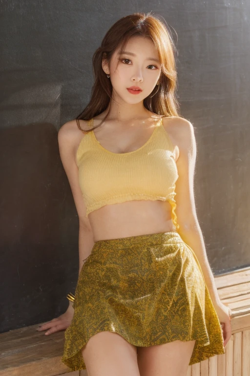 strapless dress,bow, yellow dress,white thighhighs,blue ribbon,, Beauty, beautiful女人，Have a perfect body：1.4，Layered Hairstyle，((Big breasts)), ((D cup)), Visible cleavage，Bare shoulders, Highly detailed face and skin texture，Double eyelids，Skin Whitening，Long hair，Whitening long legs，Standing by the sea, Fashion girl, Red lips, Sweet maiden, beautiful妆容, detail, lifelike, Very detailed, amazing, beautiful, Young and energetic, high quality，High Definition, rich and colorful，Exquisite, Smooth skin, The skirt is short, Lift the skirt with your hands, Elegant and charming posture, Official Art, Extremely detailed, Movie atmosphere, Soft colors, Natural skin texture,