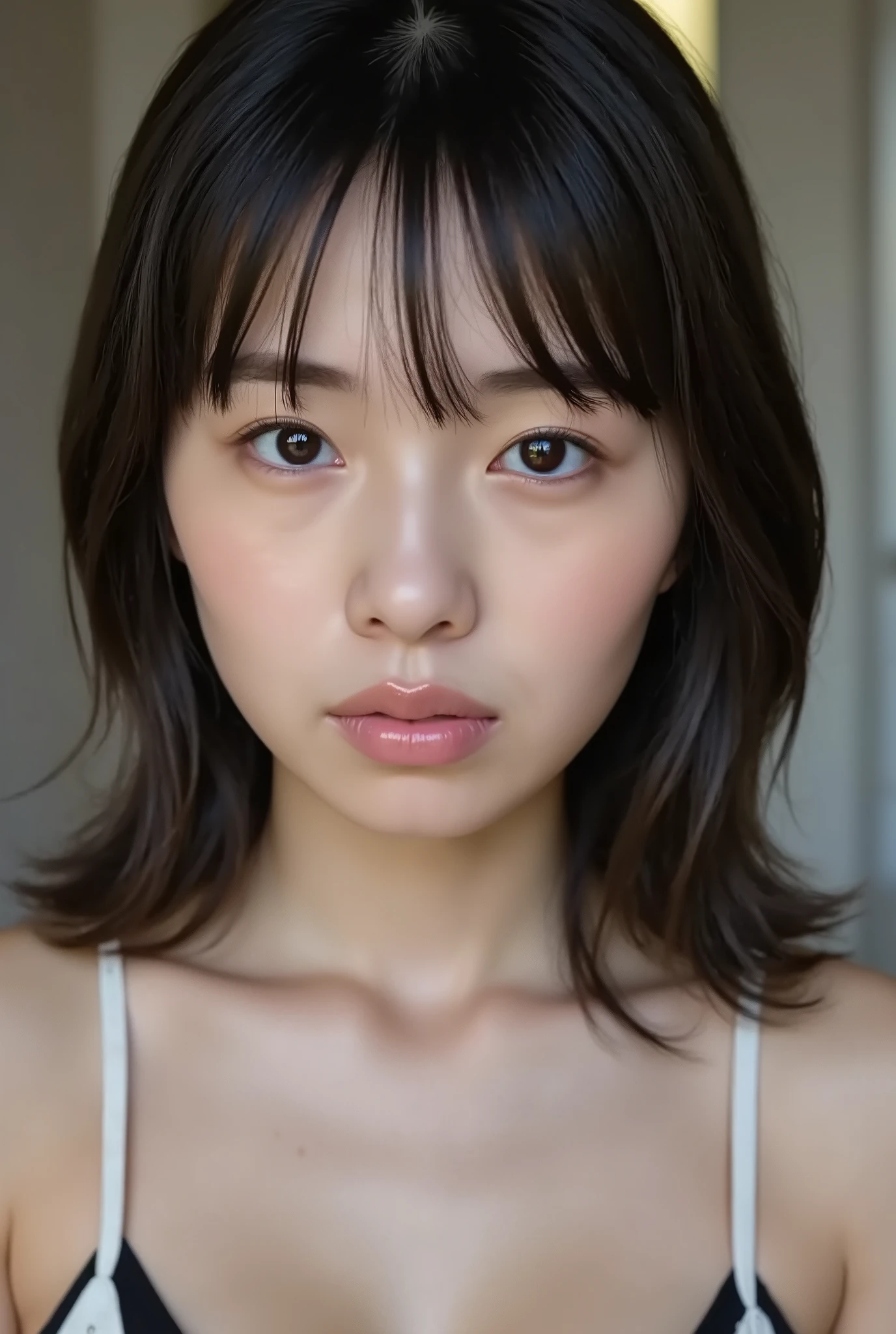 (( Highest Quality, 8K )), ((masterpiece)), ( details), Japanese, two-tone swimsuit ,1 girl on break day, Voluptuous women , sexy,( in the bedroom),((( abnormally large breasts , completely naked, beautiful breasts, short bob hair))), black hair , (( without makeup, small eyes))