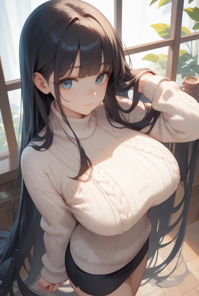 realisticlying、 1 year old girl、((Grasp your breasts with both hands))、Wear a turtleneck sweater、braided hair and big breasts、Sexy Posing、I'm sweating
