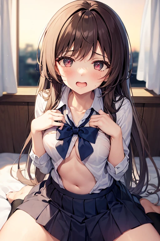 Highest quality, Super Resolution, 8K, Delicate depiction, masterpiece, chibichara, too young girl, Cute, One beautiful junior high school girl, Young face, cute, Lustrous brown hair, Small breasts, (Small breasts:1.4), Bedroom, Uncontrollable sexual desire, Erotic, Being sexually aroused, Lifting her shirt to show her nipples, Tears in my eyes, She shows her nipples, I only show my breasts to you, The nipples and areola are pale pink., She looks very embarrassed with her pussy juice oozing out., I'm ready to give my virginity to you, I want you to touch my pussy, I want you to see my pussy, Get on one knee, The school uniform is messy, Pussy juice is on the panties I took off, A lewd act only shown to you, Immoral Eros, Make a man crazy, Dynamic Angle,