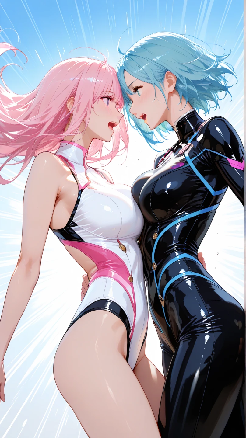 2 mature females,25yo,Stand back and forth,((deep kiss,Hug each other:1.2)),taimanin bodysuit,taimanin leotard,see through bodysuit,colorful bodysuit,,(Best Quality, masterpiece),medium breasts,Cute,(red blush,smile),((Shower pouring down,wet skin,wet hair:1.2)), Shower room background,(from below),dynamic pose,dynamic angle