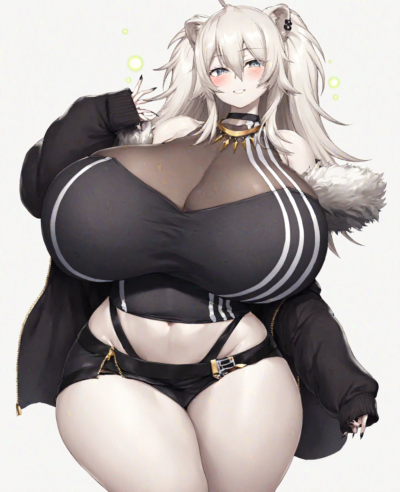 (best quality, masterpiece:1.3), (mature woman, milf), tall, anime, masterpiece, beautiful eyes, best quality, (detailed face), (detailed body), ((1girl)), ((solo)), (((chubby))), ((fat)), ((tummy bulge)), ((((big belly)))), plump, belly, she has gained weight, (stretched out belly), ((full belly)), (((bloated))), beautiful, rosanna \(nikke\), black and white hair, navel, cleavage, jewelry, earrings, choker, black gloves, midriff, belt, necklace, bracelet, crop top, black shirt, chain, fur coat, fur trim, gigantic breasts, chubby girl, chubby belly, (gigantic_hips:1.2), (chubby:1.5), plump, (wide hips:1.2), sciamano240, soft shading, detailed, semi-realistic,