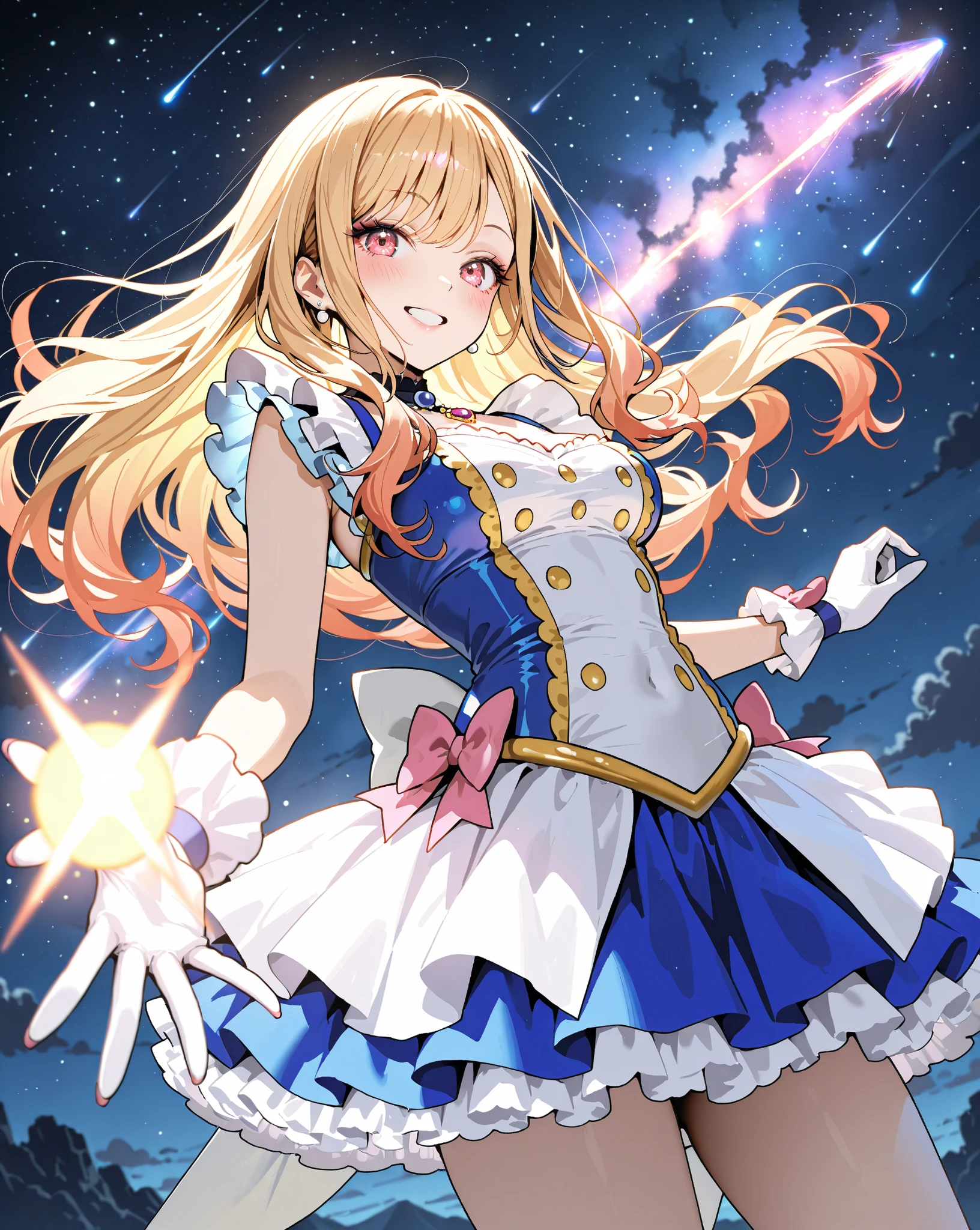 <lora:Hlokk:0.7>, hlokk, 1girl, solo, dress, navel, bare shoulders, twintails, closed mouth, standing, full body,detached sleeves, puffy sleeves, blunt bangs, orange hair, high heels, clothing cutout, floating hair, blue dress, frown,