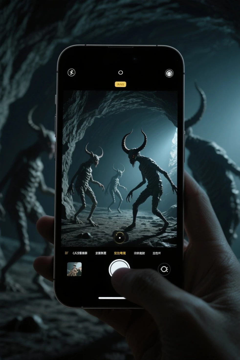 through smartphone screen、I'm watching horned bipedal creatures wobble in an underground cave