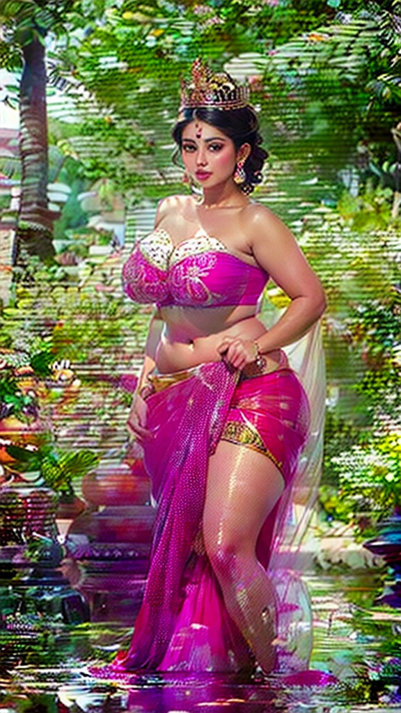 In a tranquil garden, Vishika Singh, the shimmering Sultry Plus Size Slim Exhibitionist, allows the warmth of the sun to illuminate her  breasts as she takes off her bra. The ultra Deep V Neck of her attire perfectly frames the ultra low waist saree, its glossy fabric gently flowing with each movement. The text "Take off bra, ultra Deep V Neck, Ultra low waist saree, BRAZZER STYEL" is inscribed in glossy font, emphasizing the beauty and elegance of the moment.