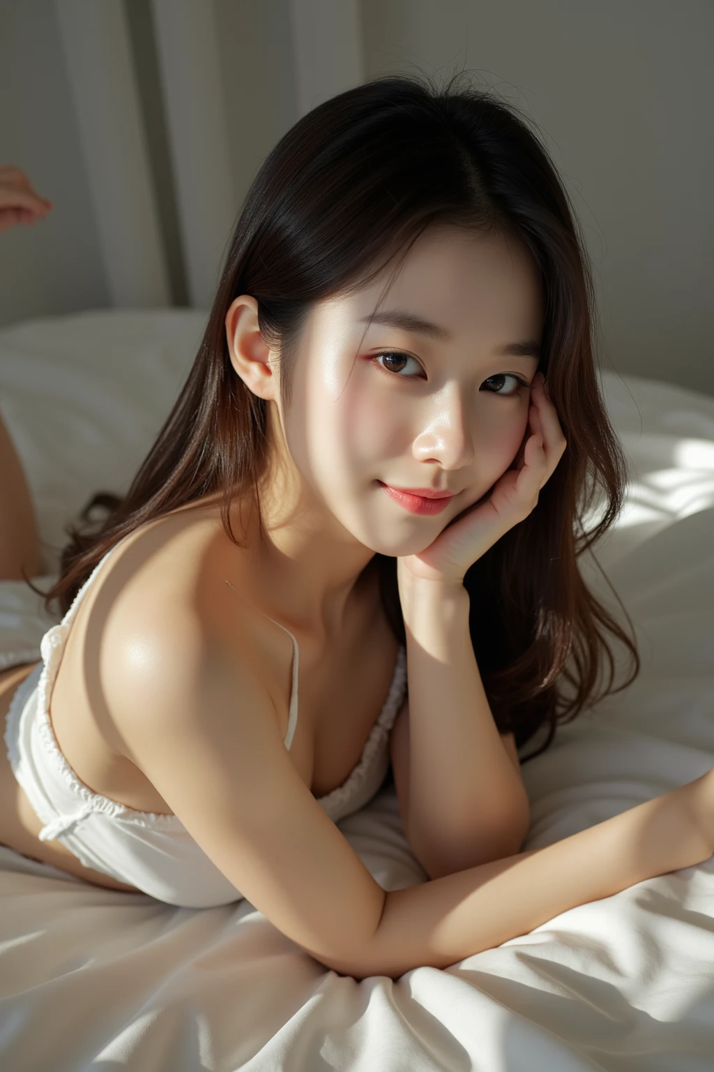 Highest quality、Face Focus、Soft Light、（Depth of written boundary）、Ultra-high resolution、（Photorealistic：1.4）（from the front）1 Japanese、solo、cute、（Shy、smile：1.1）、（Brown eyes）、Detailed beautiful face、（midl_hair)、Sit on the bed、（White underwear）