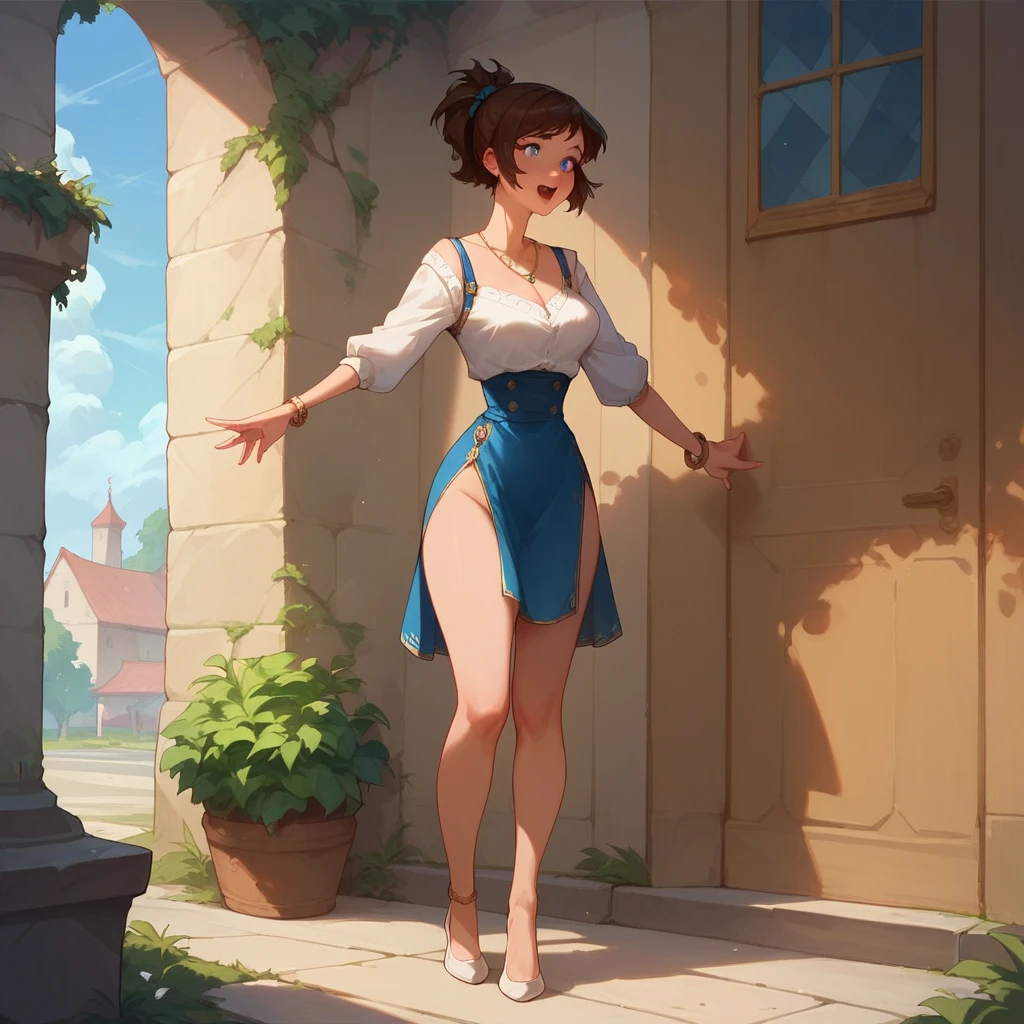 Solo, jewish girl, cascina caradonna, 1girl, (very curly open wild dark brown hair), wide seductive lips, smirking, skin, larger nose, high detailed face, 4k , camletoe, (small breasts, straight waist,wide hip, slightly chubby body,inflated legs,thick thighs,(detailed face)), 4k, look at camera, highly detailed face, in jerusalem, in white summer dress, ((full-body)), ((((barefoot, naked feet)))), (((disney jasmin clothing, blue arabic clothing)))