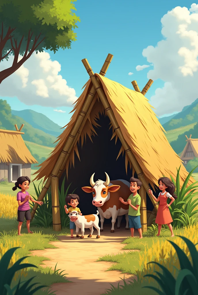 A fat white cow and its owner and his wife with child in a small village and many birds and grass and coconut trees on the side