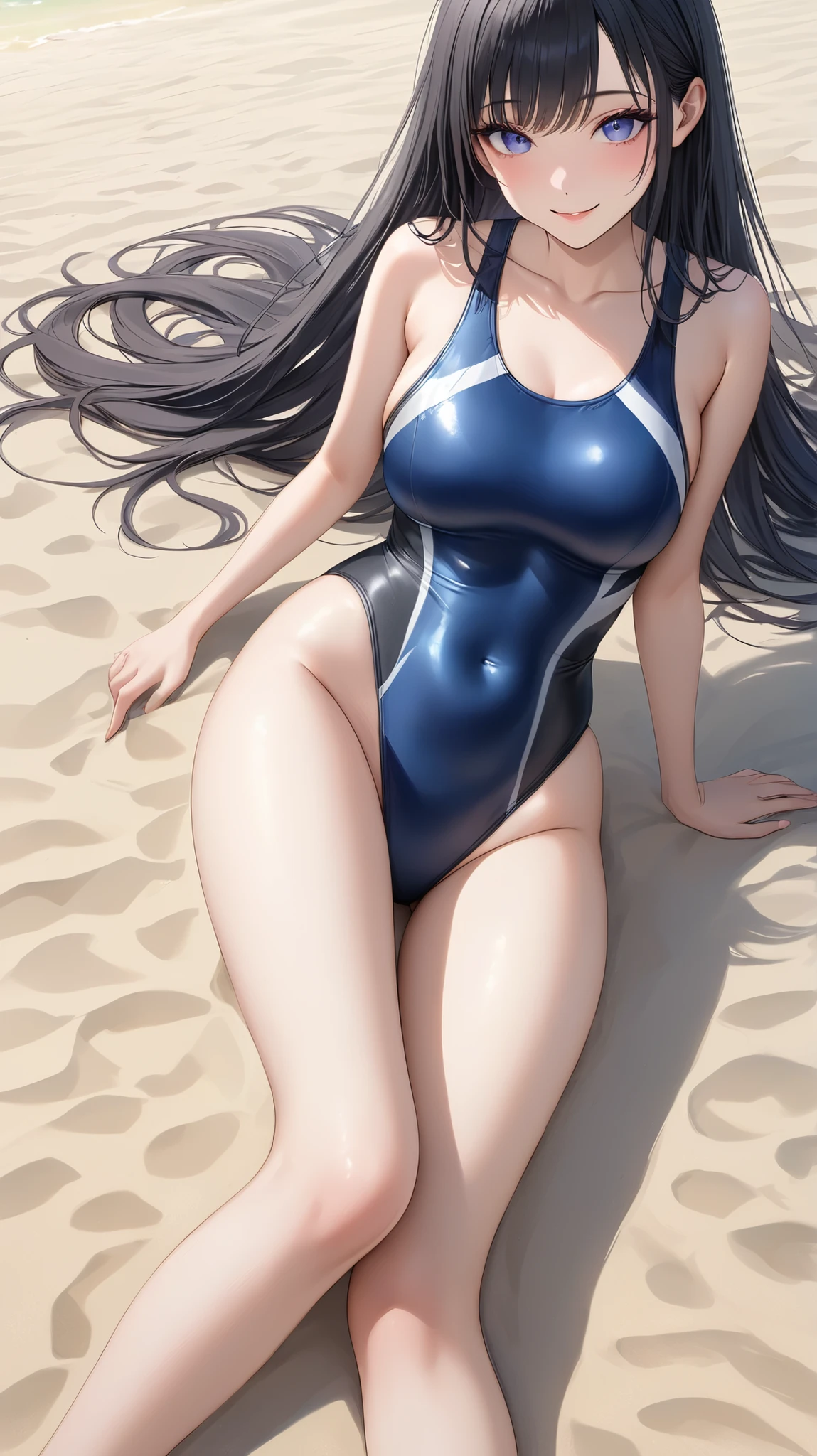 32k, best quality, ultra high res, HDR, UHD, extremely detailed CG, unity 32k wallpaper, very cute, 16-year-old girl, 1 person, Purple eyes, (Black competitive swimsuit), Beach, Long black hair, (large breasts), Laugh shyly, sit, (Spread your legs wide),