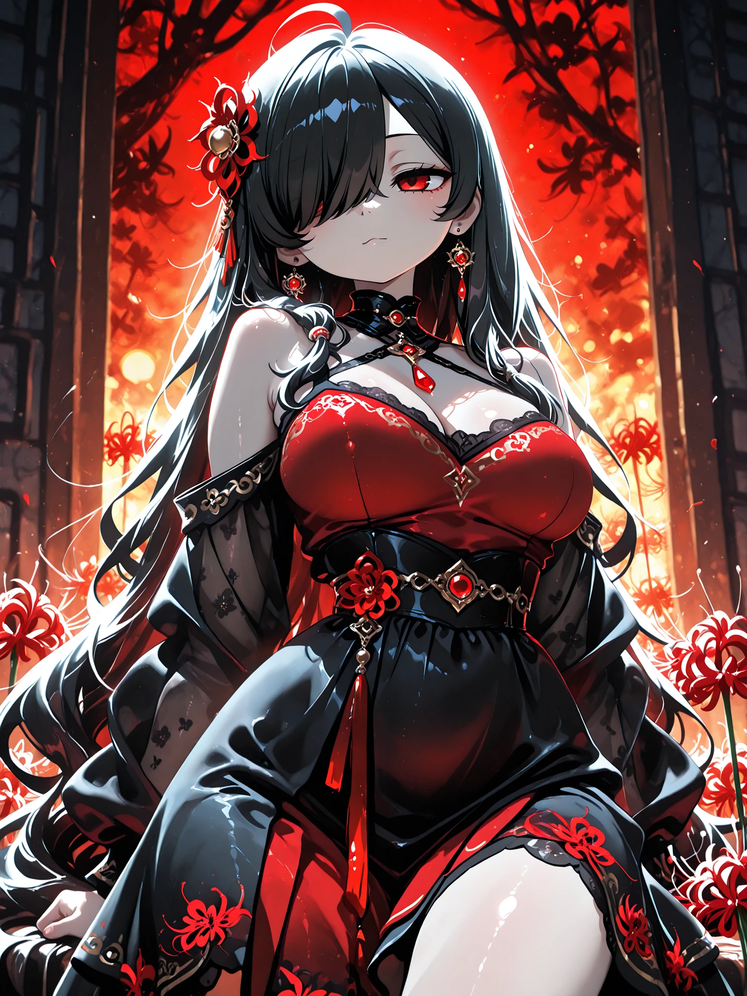 1girl, Kuroki Monika, black hair, very long hair, hair over right eye, red eyes, large breasts, (petite but curvy, very cute), low eyes, ,changli, ahoge, bare_shoulders, black_collar, dress, earrings, hair_intakes, hair_ornament, layered_dress, open_clothes , dress, Red spider lilies in the background