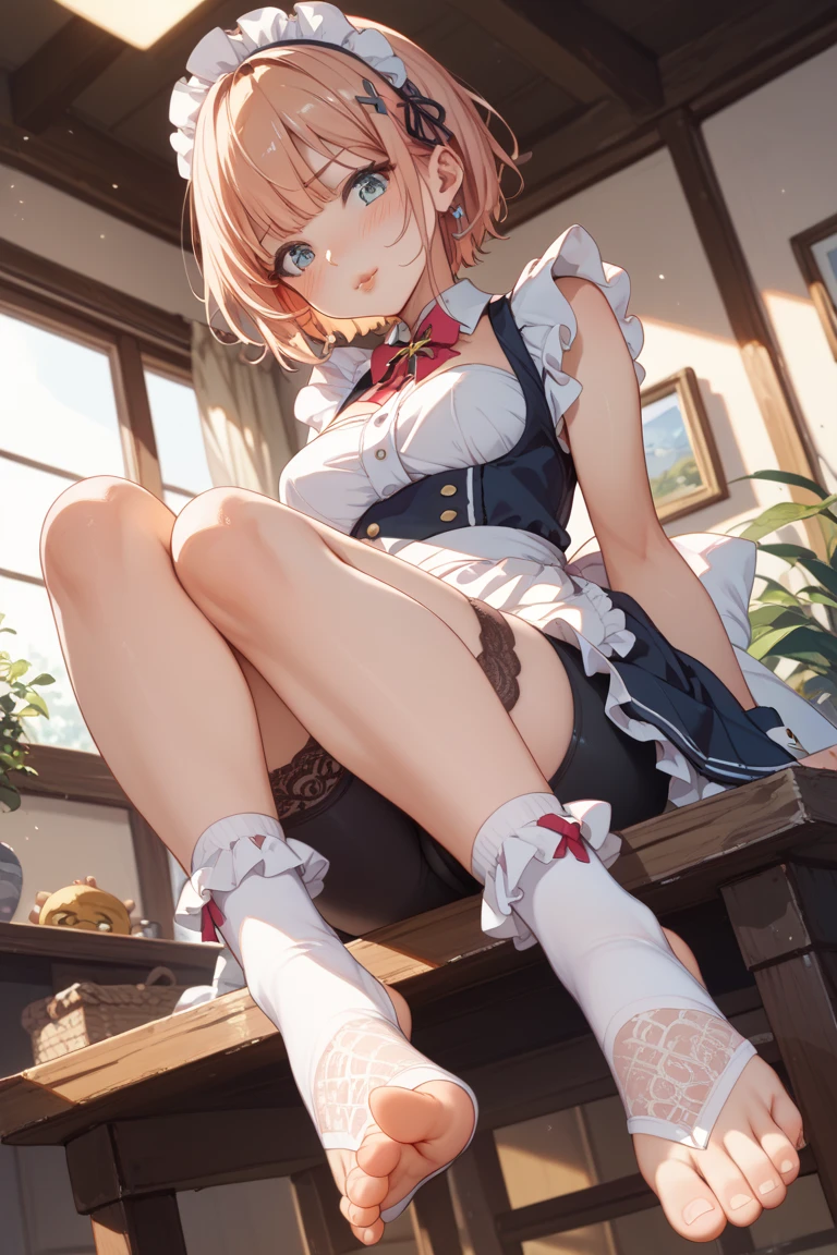 (((Horse Girl))), (((Fine Motion))), Thighs, sitting on a luxurious red sofa, (((Panties are slightly visible))), smile, Dress like a young lady, (((Sexy panties with green embroidery))), High resolution, Knees up, 