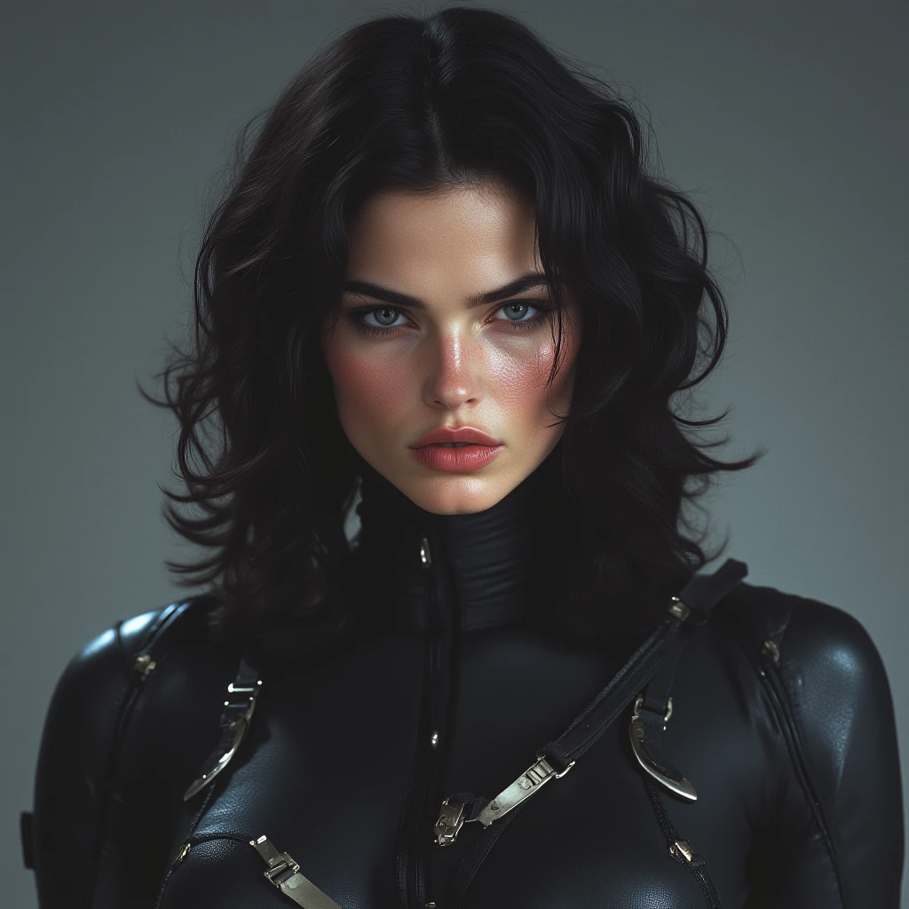 Upper body photo, (portrait:0.7), photo of 25 year Gina Carano with black hair, topknot, ponytail, looking at viewer, (wearing latex strap harness), (detailed eyes:1.1), dominatrix, futuristic, straight angled lines, spaceship interior, neon advertisements, (smiling:0.5), (dramatic lighting), cinematic lighting, volumetric lighting, subsurface scattering, backlight, chromatic abberation, bloom, 4k, depth of field, masterpiece, artstation hd, wind, clean, particles, ray tracing,
<lora:DiffusionBoxGinaCarano:0.65>