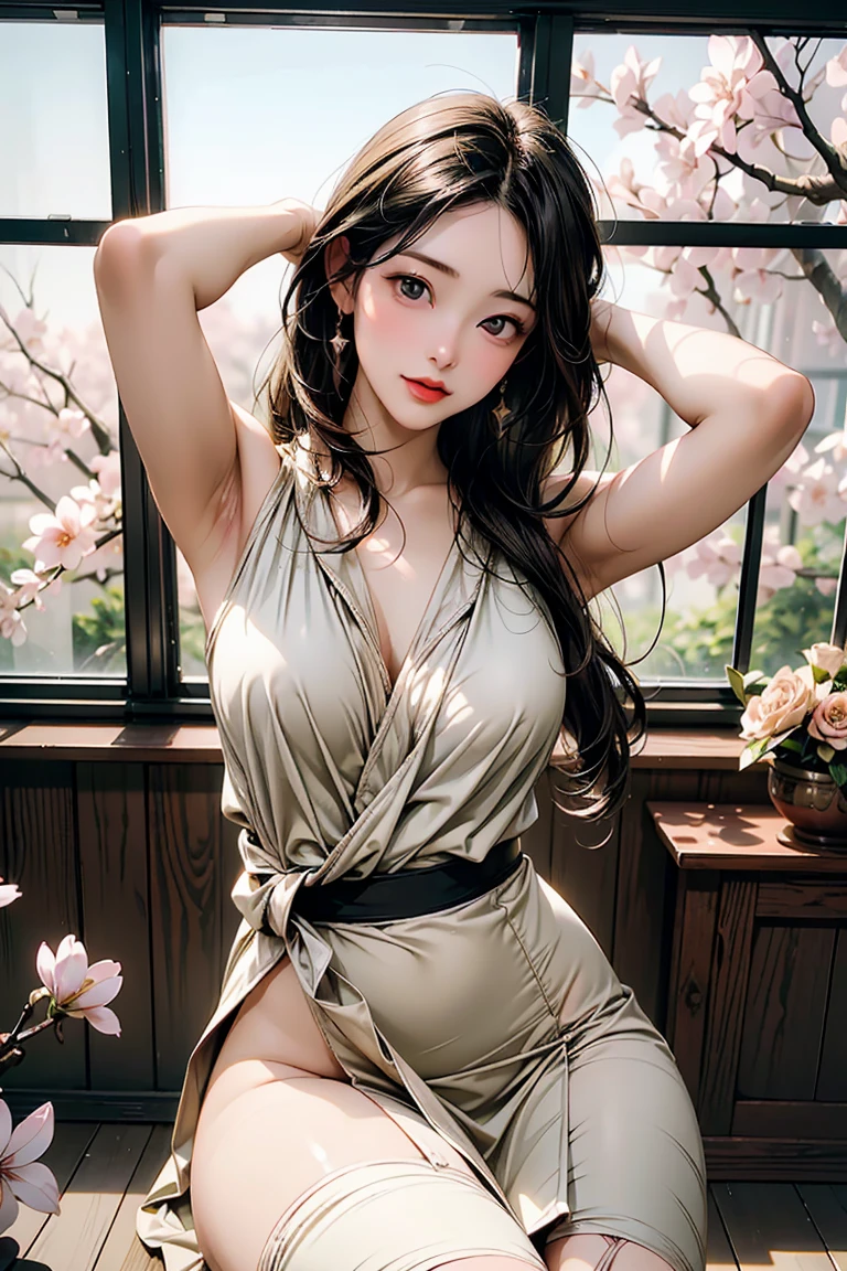 (best quality,ultra-detailed,realistic:1.37),(Korean:1.1)(beautiful detailed dress,adult,woman,detailed description),(beautiful detailed woman,beautiful Chinese background,exposed collarbone),(black eyes,natural eyes,realistic facial features,beautiful leg line),(sexy,full body photo,realistic body proportions,accurate eye ratio),(frontal photo,realistic and slender face)