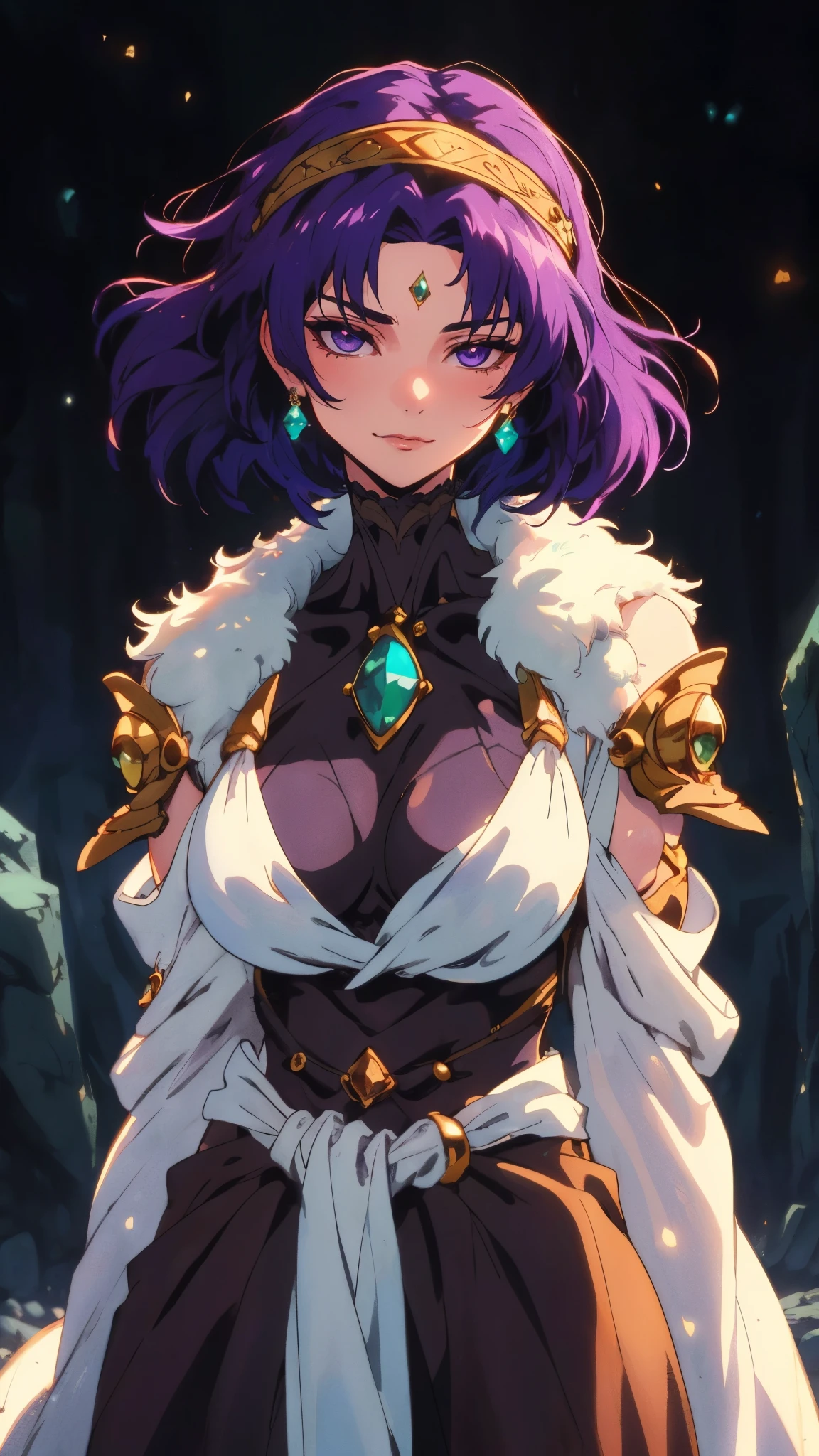 masterpiece, best quality, a beautiful woman with short purple hair, side part bangs covering her left eye, a headband on her forehead, an exquisite and charming face, a mysterious gaze, a faint smile, delicate and alluring figure, draped over her shoulders is a thick fur scarf connected to sleeves made of the same fur, a fantasy-style bikini outfit, a fur belt around her waist, porcelain skin, pale skin, the background features a cracked giant stone in the wilderness emitting an eerie glow, this character embodies a finely crafted fantasy-style female villain in anime style, exquisite and mature art style, exquisite photography, goddess, feminine, depth of field, bokeh, photorealistic, perfect skin, even and soft lighting on face, dramatic, high definition, highres, ultra detailed, professional, perfect body proportions, anatomically correct, symmetrical face, extremely detailed eyes and face, perfect eyes, high quality eyes, creativity, RAW photo, UHD, 32k, portrait lighting, cinematic lighting, (masterpiece-anatomy-perfect:1.2)
