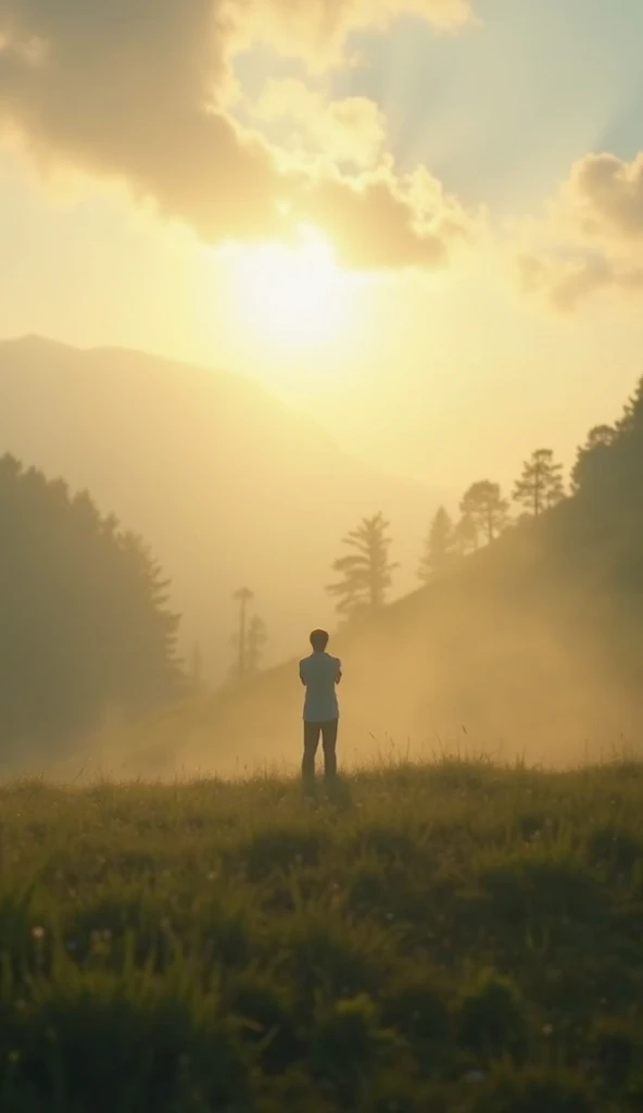 A boy who is carring a bag ,  at the top of a hill as the first rays of the sun touch him.