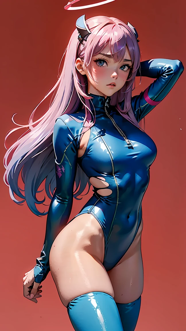1girl, solo, long hair, pink hair, full body, skinny, pne piece swimsuit, (cyborg legs, cyborg arms, simple background)