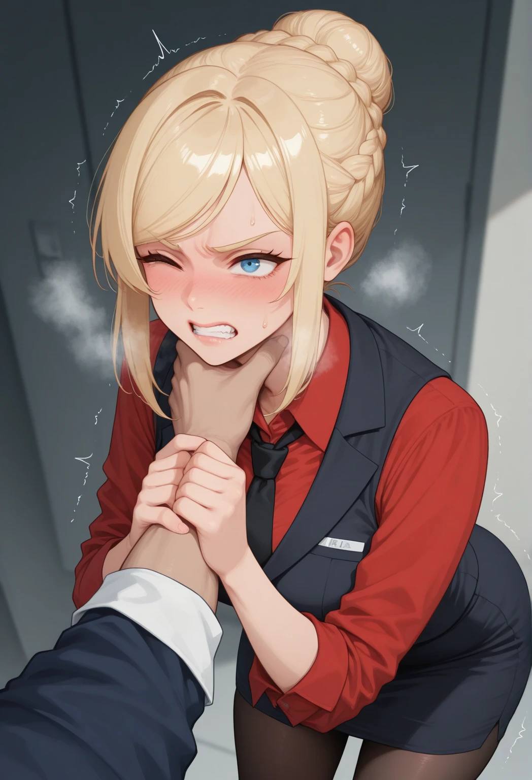 score_9, score_8_up, score_7_up, score_6_up, score_5_up, score_4_up,
BREAK
1girl, mercy \(overwatch\), blonde hair,
BREAK
kneeling, navy pinstripe skirt suit, (((three-piece suit))), silk necktie, blazer, (((suit jacket))), (((waistcoat))), double-breasted waistcoat, (((bodycon miniskirt))), (((pencil skirt))), cufflinks, tie clip, pocket square, pocket watch, pantyhose, high heels, blowjob, oral sex, bukkake, fellatio, saliva, cum on face, blowbang
BREAK
bathroom baackground