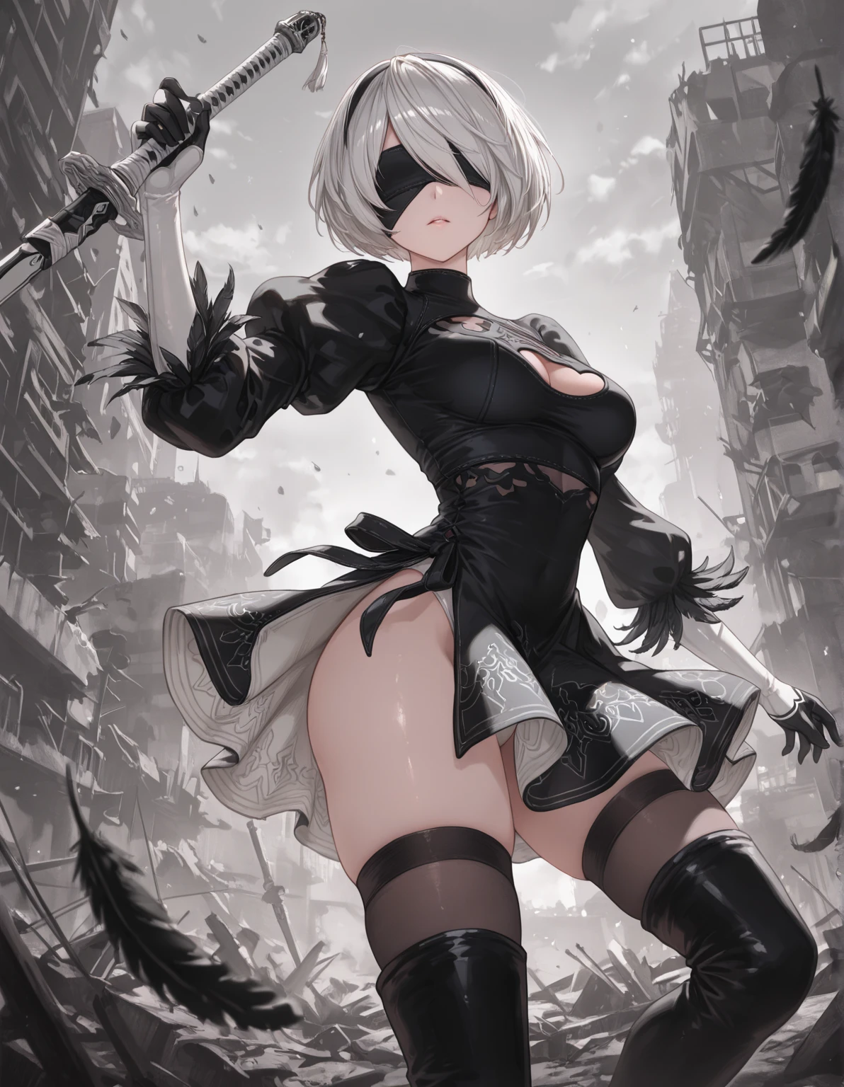 1girl,18yo,good anatomy, masterpiece, best quality,realistic, hyperrealistic, 16k hdr,,(NieR:Automata,2B),(black blindfold:1.5),(black hair band,choker,White High Leg,thigh high boots,Blake Black Skirt,black thigh high socks,Knee-high boots,Cleavage cut,cutting of clothes,high heels,long sleeve),bob cut,silver hair, large breasts,cameltoe,gorgeous panty,dynamic pose,spread legs,outdoor,strong wind,(from behind,looking back,ass,thong:1.2),leaning forward