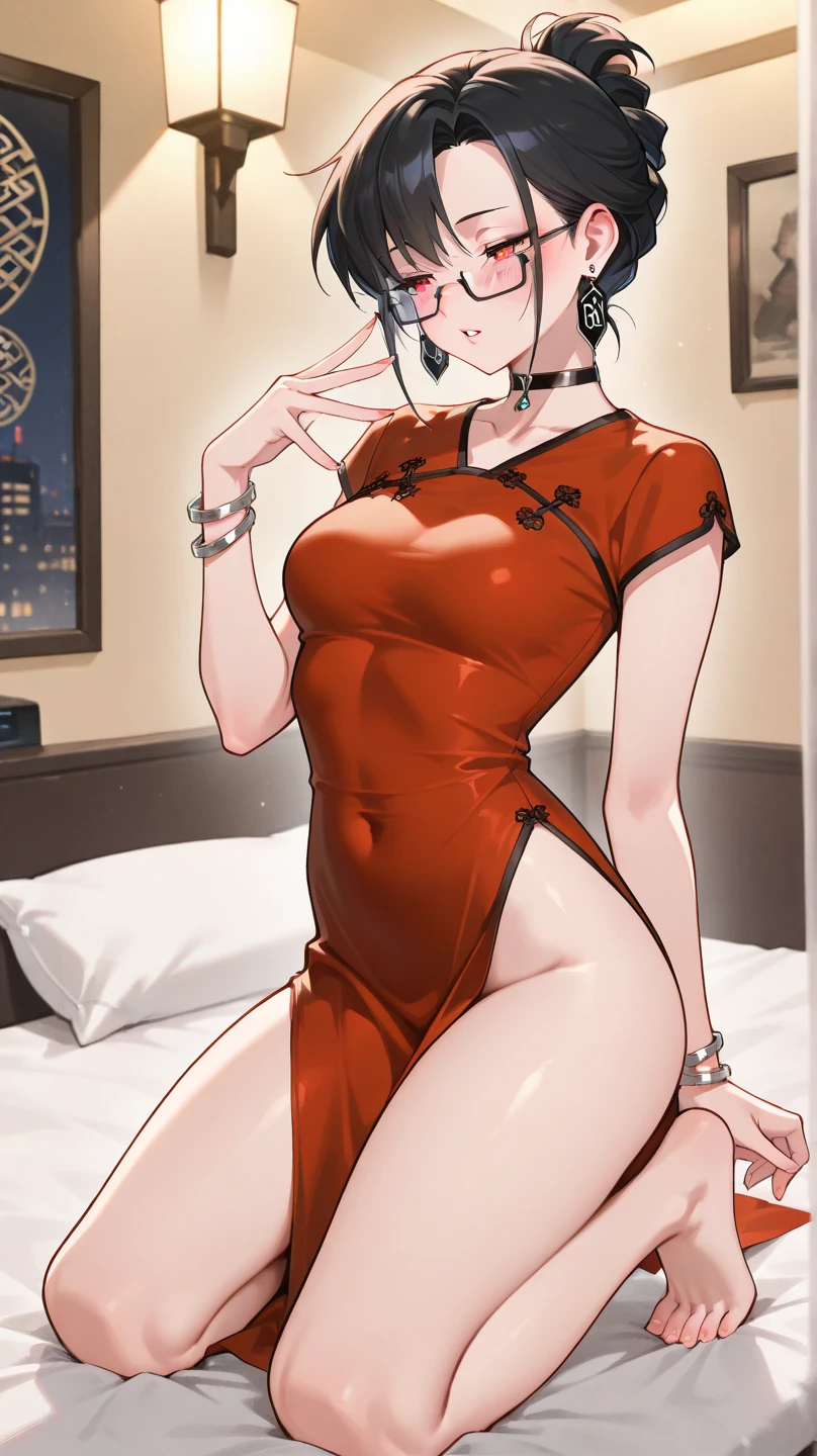 score_9, score_8_up, source_anime, solo, 1girl, tomboy, dress, boa hancock, lole, young, ((aged down)), ikuchan, black hair, black hair, oriental, Chinese dress, short dress, short hair, indoors, aftersex, cum drip, (impregnation risk), ovum,