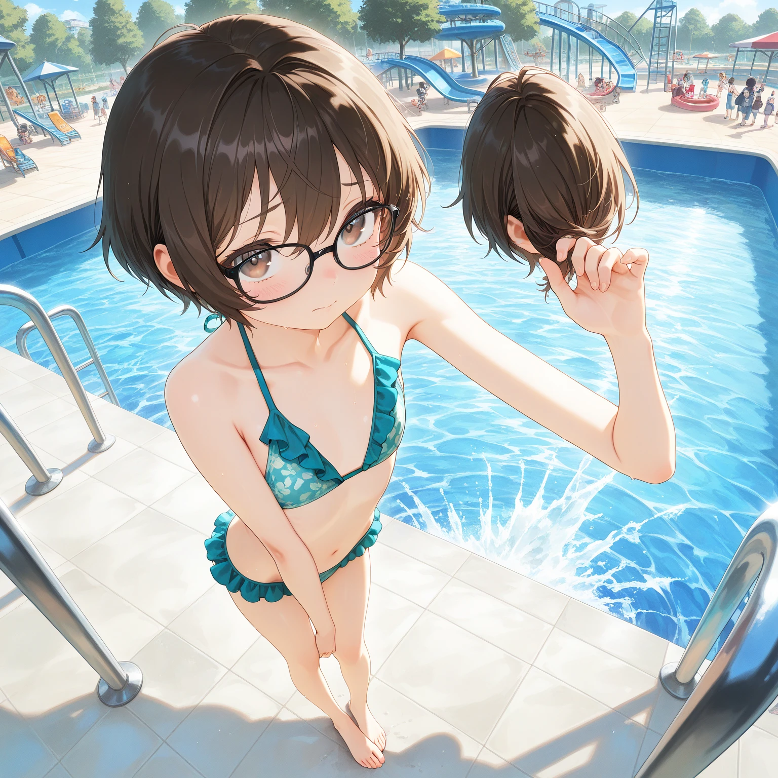 (full body Swimwear style) (beautiful body), (solo:2, 32 yo, bob brown hair short hair cute woman, beautiful green eyes, glasses, happy smile, love mode, medium:1.2 tits), (in a elegant purple detailed Sequined bikini swimsuit, with Rainbow Pareo, ocean double exposure:1.1), break, in the Swimsuit contest venue, background detailed beautiful Coast, BREAK, perfect anatomy, masterpiece, best quality, 16k, beautiful detailed love, sexy, daydreaming expression.