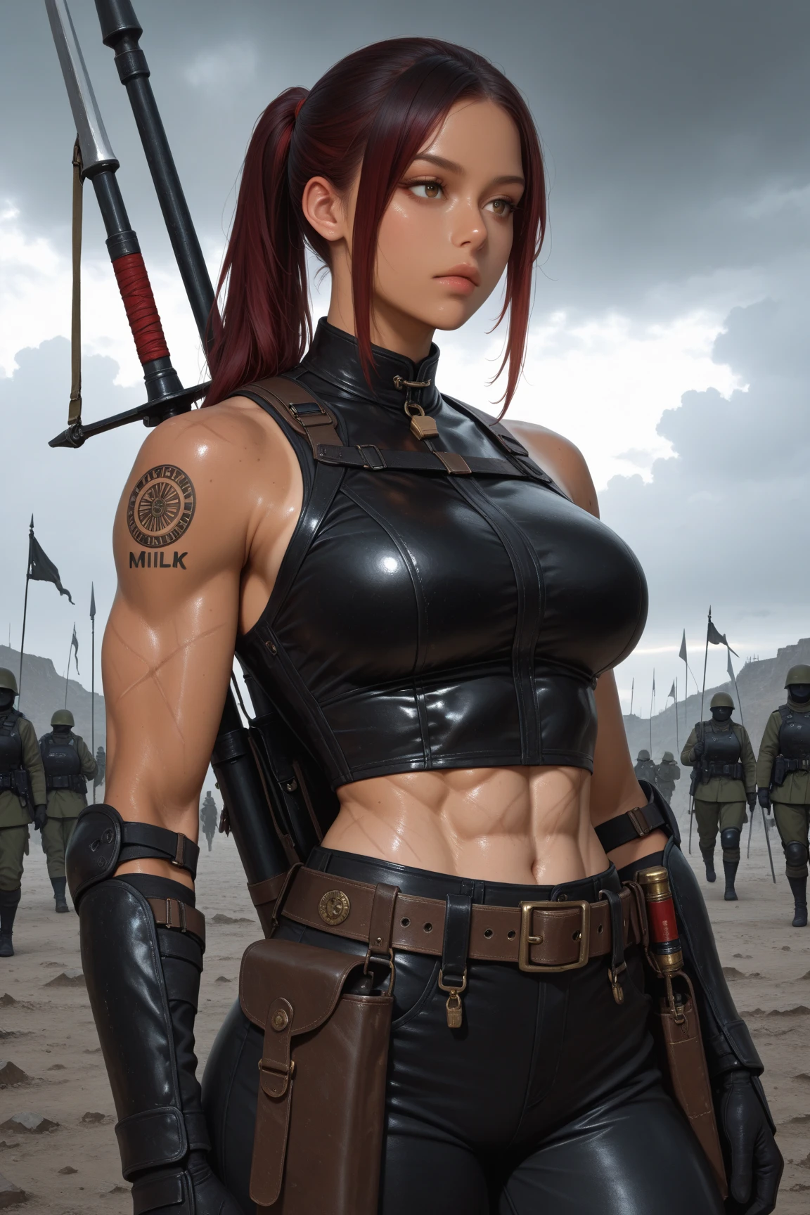 ((masterpiece、top-quality、ultra-detailliert、hight resolution、foco nítido))、1girl in、a matural female、Perfect big eyes、face perfect、Strong physique、bustshot、Savage woman、length hair、Bored look、pompadour cut、Braids、(Warrior armor)、a belt、lanyard、gauntlets、Brown-skinned、Skindentation、The tattoo、Large scars、Muscle prominence々、tones、a navel、Developed abs、Sweat-soaked skin、thick thight、broad shoulders、Arm muscles、Leg muscles、Bewitching makeup、Fantasia、Detailed outdoor background、Look at viewers、Detailed hand depiction