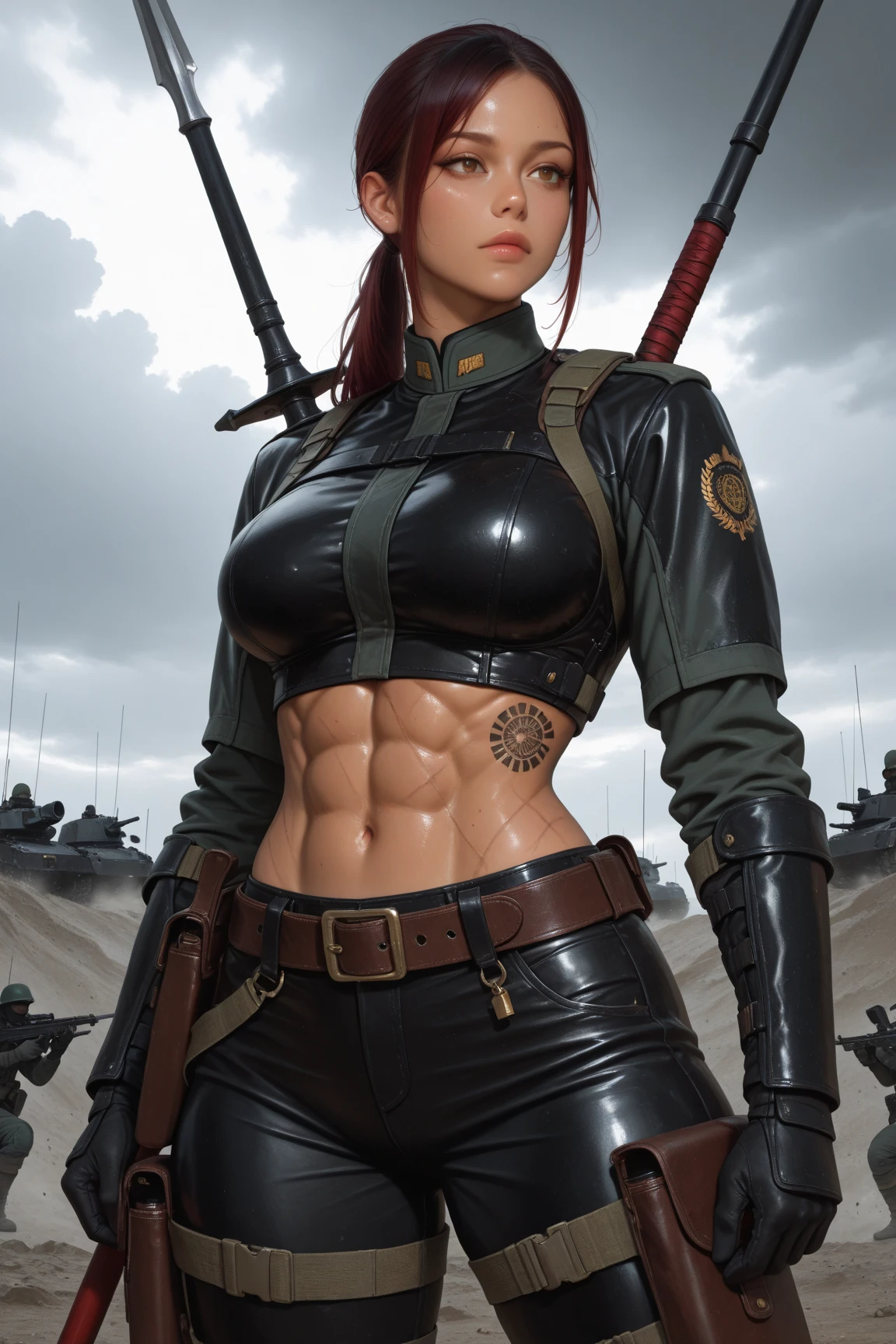 A gorgeous and stunning female soldier fighting on the battlefield, smirking sadistically, smiling sadistically, high rank, dominant, challenging demeanor, smug, teasing, tall, statuesque, imposing, towering, biceps, triceps, eight pack abs, extremely defined abs, tank top, wide shoulders, narrow hips, narrow waist, huge breasts, slim, slender, toned, long eyelashes, make up, perfect eyes, eyeliner, perfect lips, long fingers, delicate fingers, long nails, supermodel, tattoo on shoulder, (military uniform), tanned skin, official uniform, colonel, marshal, lieutenant,