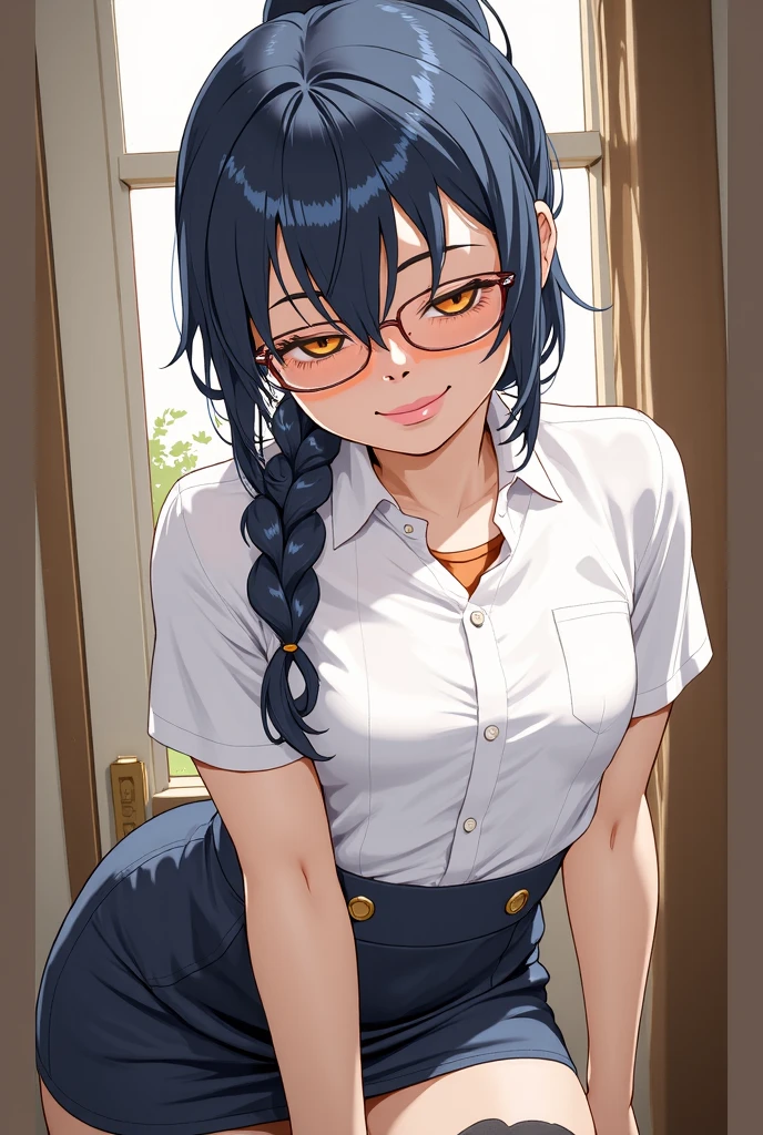 (1 girl solo),(dark skin:1.5),(masterpiece:1.2), highest quality, High resolution, unity 8k wallpaper, (fine and beautiful eyes:1.6), highly detailed face, perfect lighting, Detailed CG, (perfect hands, perfect anatomy),20 years old, (black hair:1.3), detailed eyes, best quality, extremely detailed, very precise detailed, (glasses:1.4), , (straight hair:1.5), (evil smile:1.2) ,long sidelocks, (blush:1.3),(sit on desk:1.3),(Put left knee in front:1.5),(boy's school uniform long pant:1.5),(loosen necktie:1.2),spread legs,bend knee,(open shirt:1.5),(short_sleeves shirt:1.3),(low long ponytail:1.4),(blunt bangs:1.4), (greaming skin:1.3),(flat_chest:1.6), (oily skin:1.3),(wide hips:1.3)